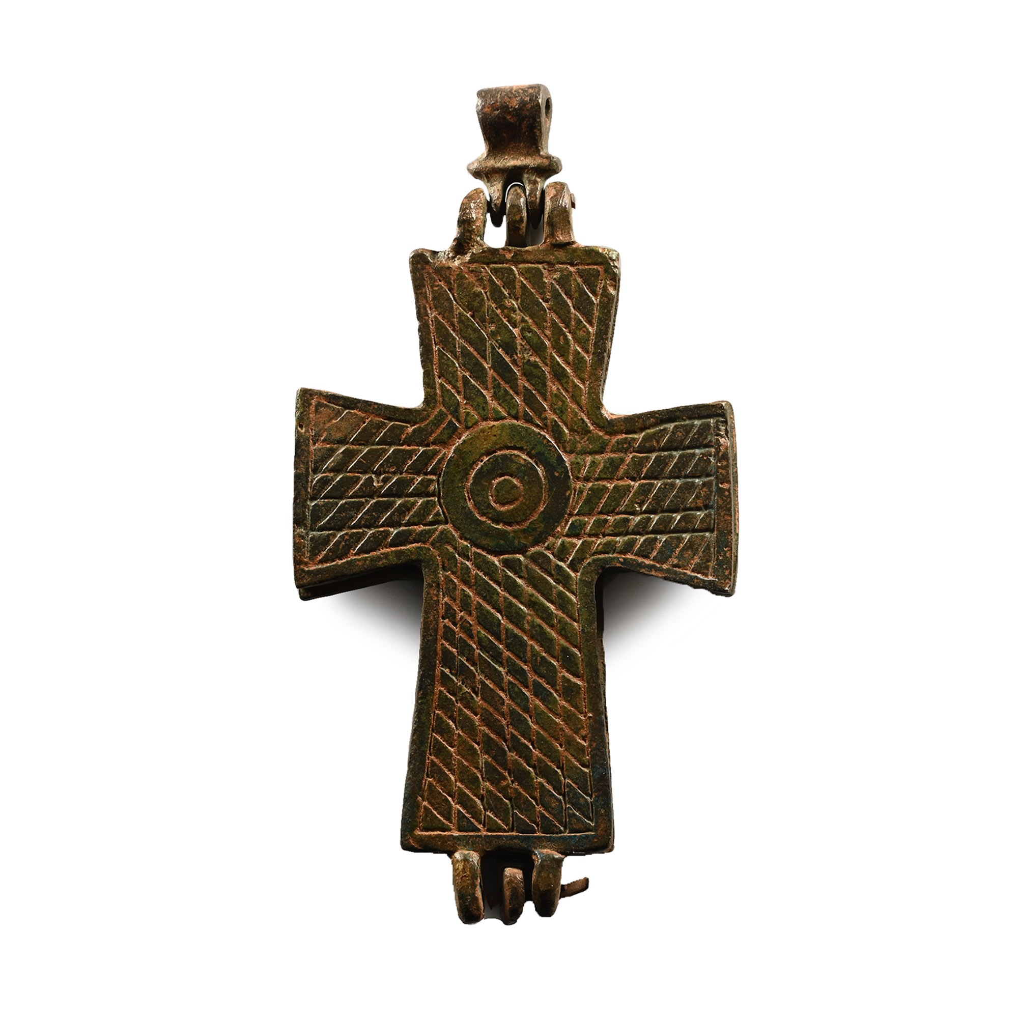 Large Byzantine Bronze Reliquary Cross Pendant