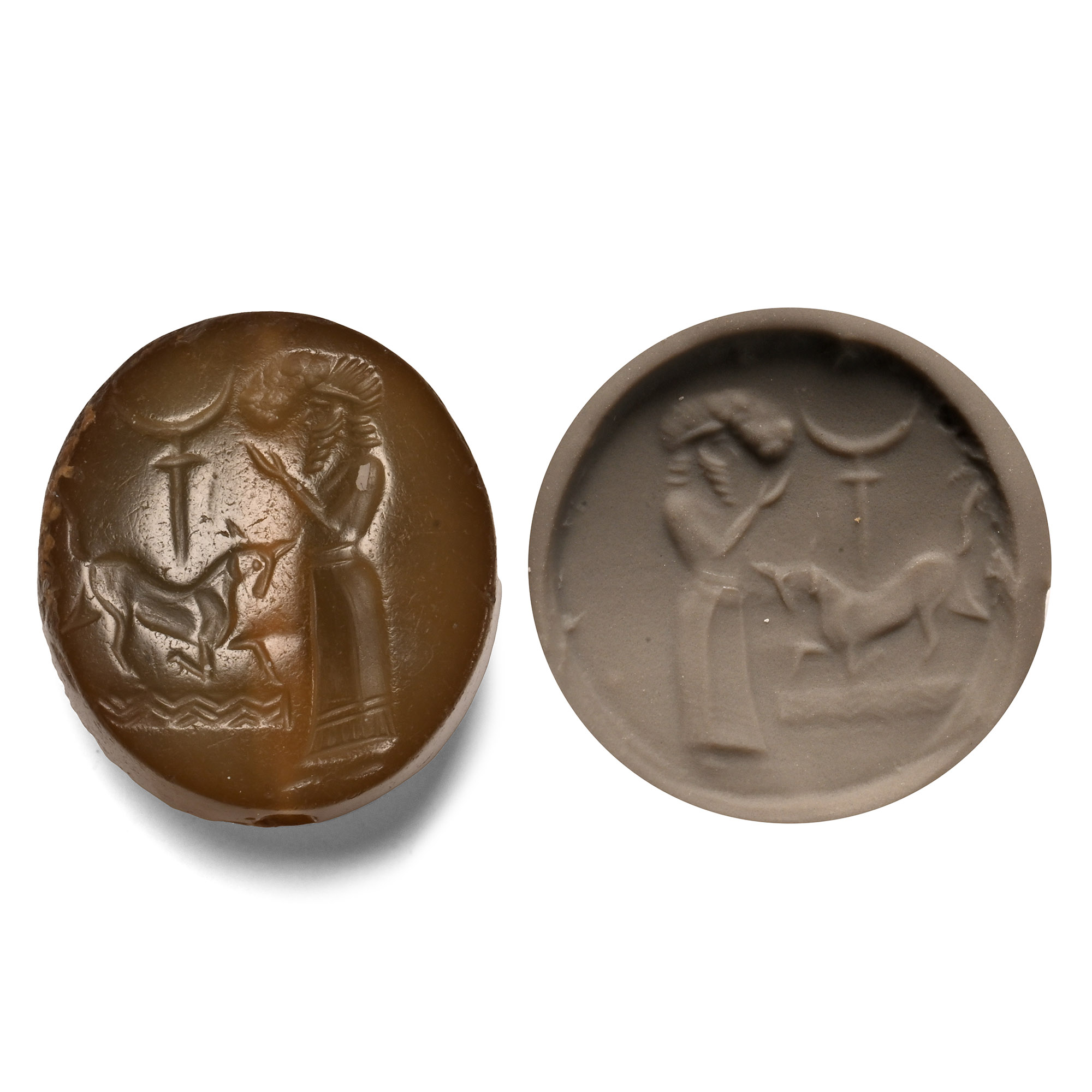 Neo Babylonian Chalcedony Stamp Seal with Worshipper and Prancing Bull