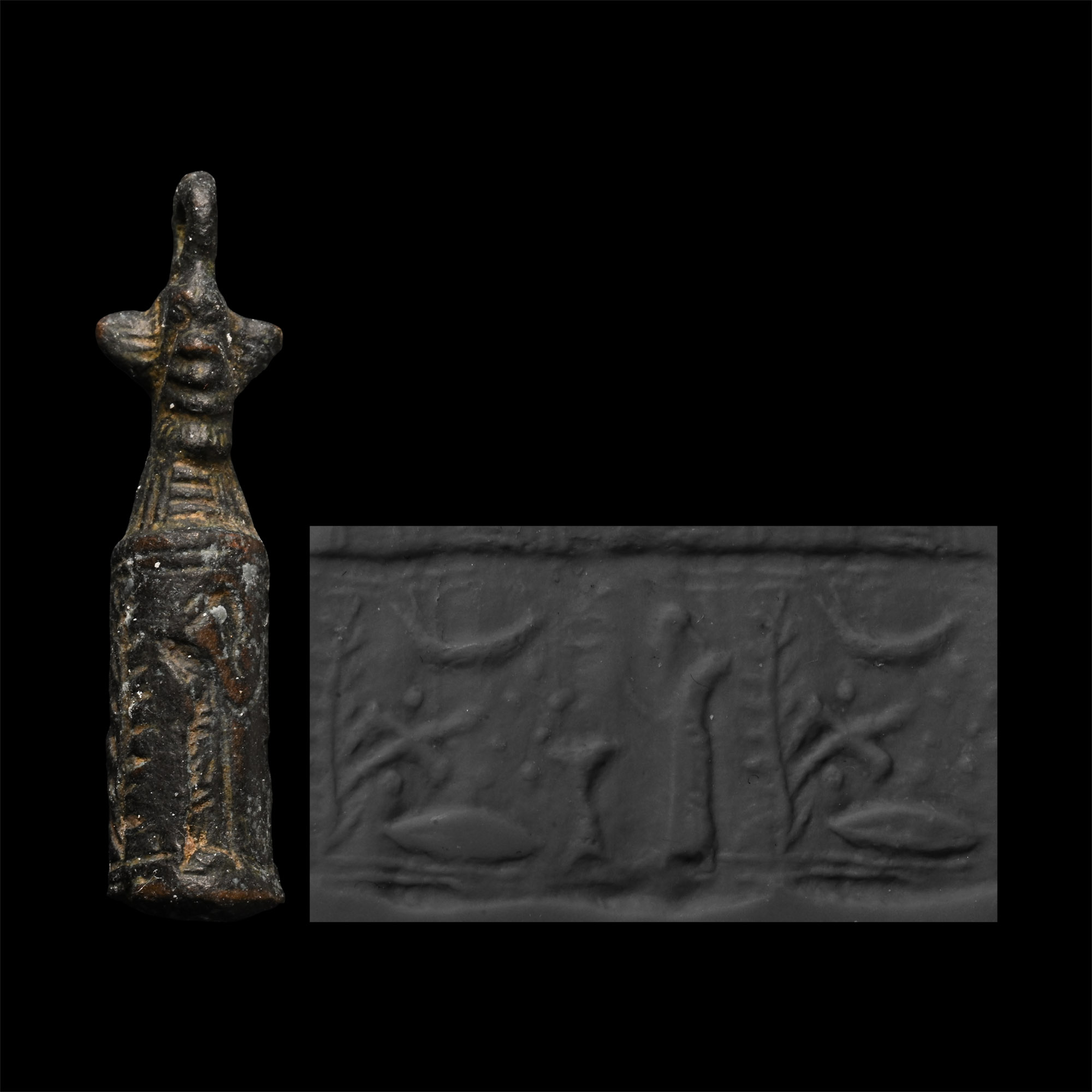 Mesopotamian Bronze Cylinder Seal with Double-Faced Demon Head