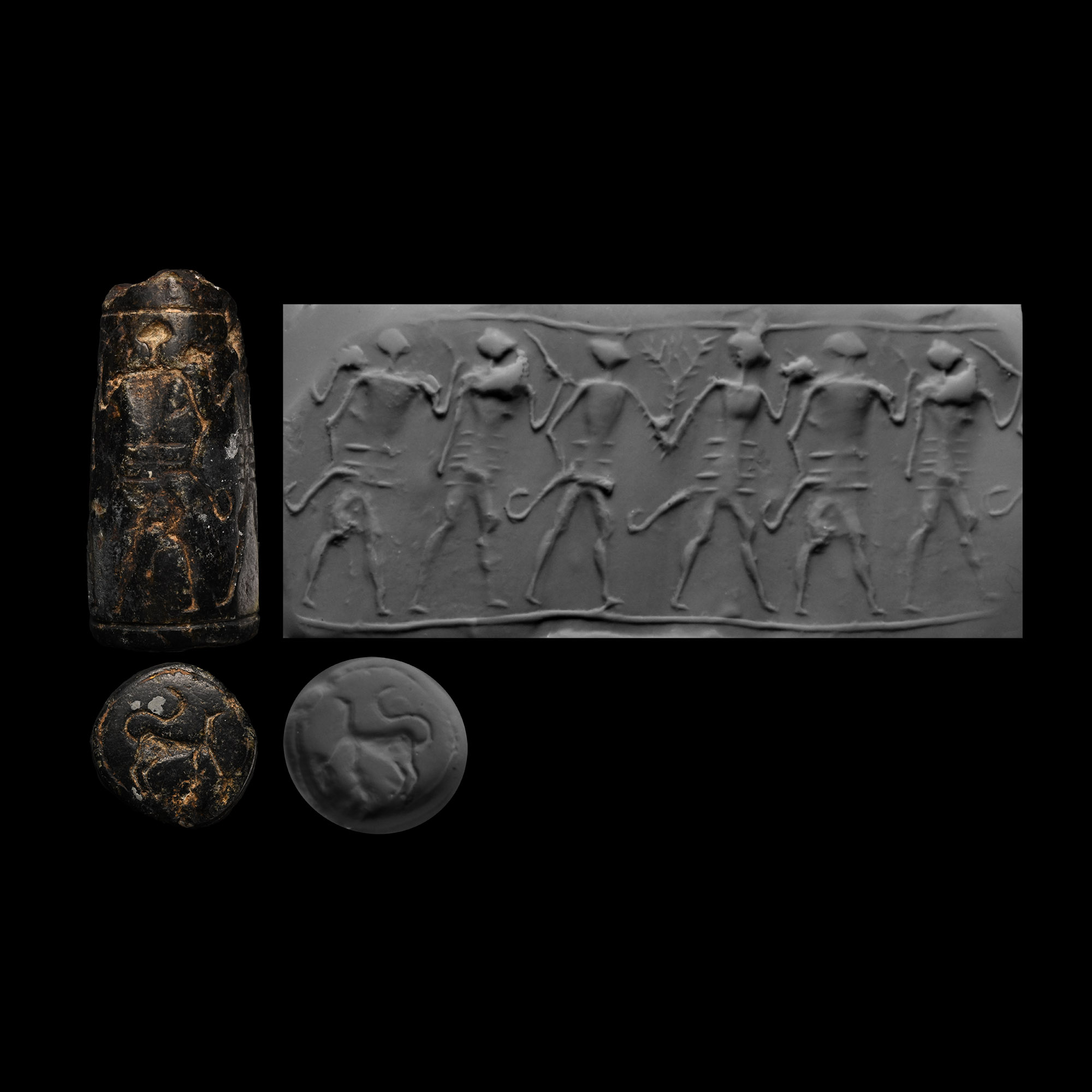 Levantine Black Stone Cylinder Seal with Walking Men