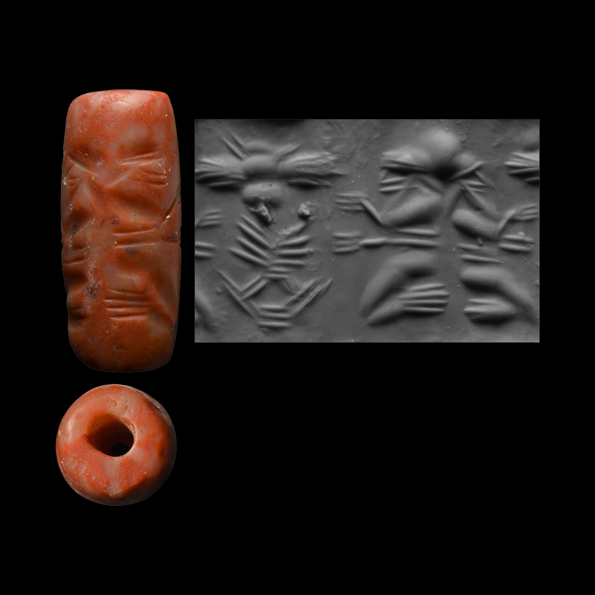 Old Babylonian Red Stone Cylinder Seal with Two Kneeling Worshippers
