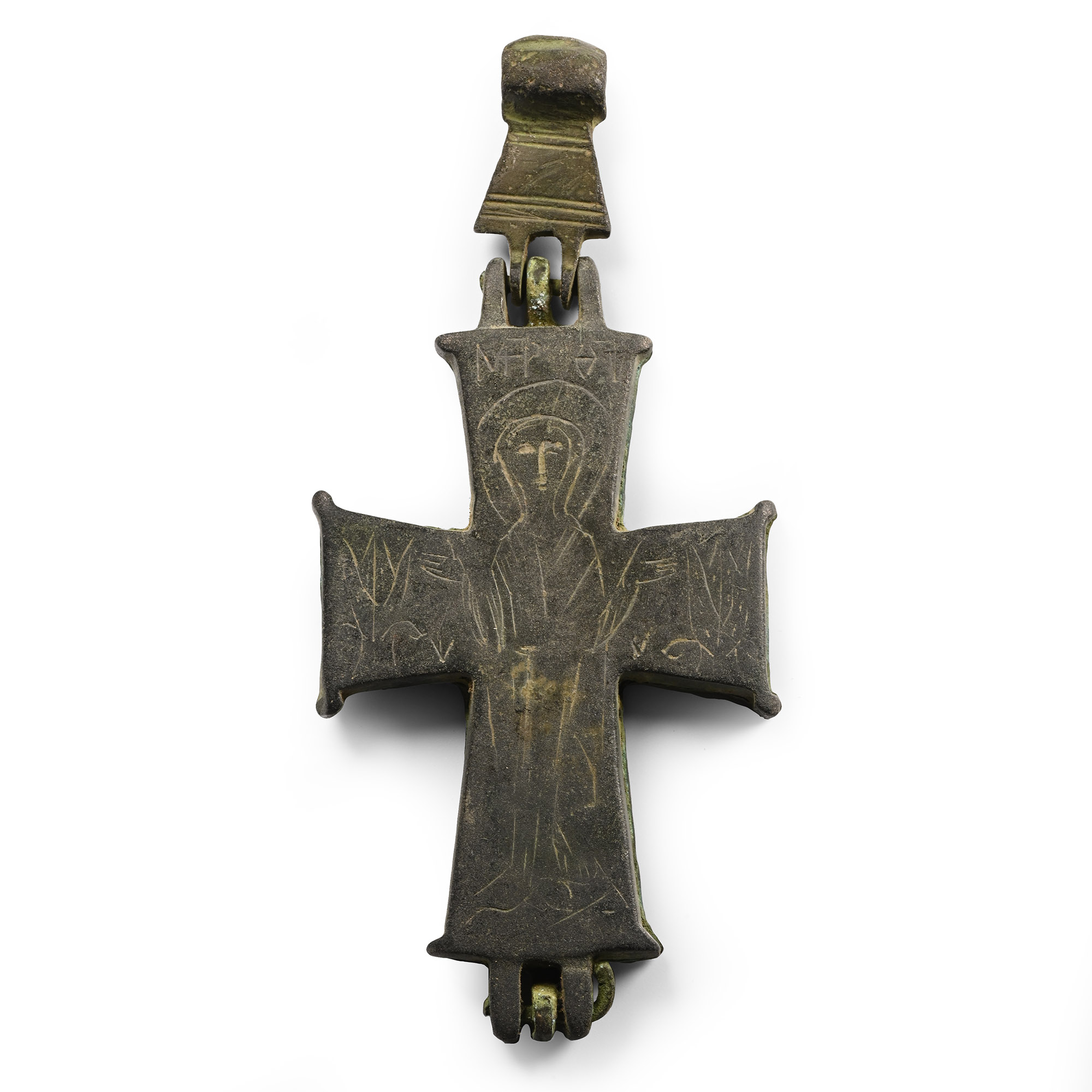 Byzantine Bronze Reliquary Cross Pendant