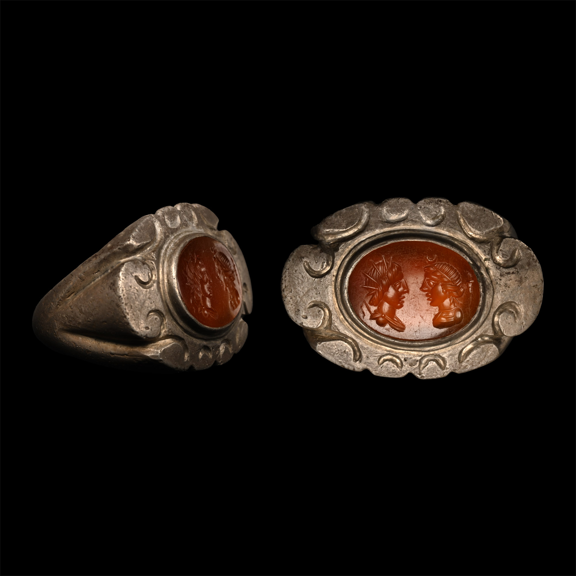 Massive Roman Silver Ring with Luna and Sol Gemstone