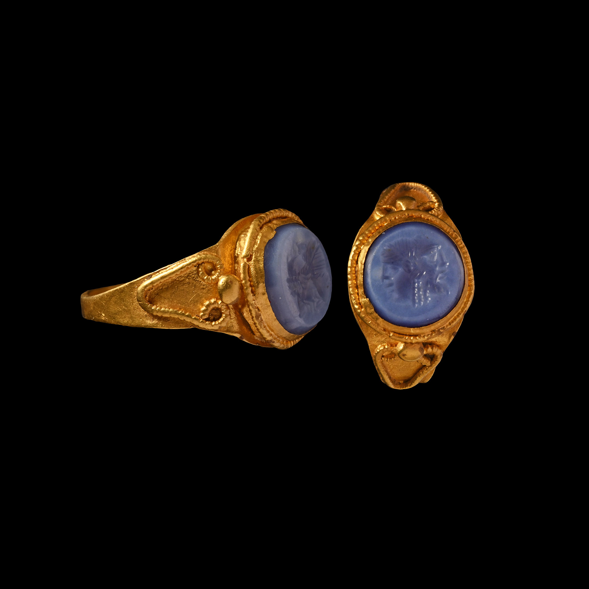 Graeco-Roman Gold Ring with Double Actor's Mask Gemstone