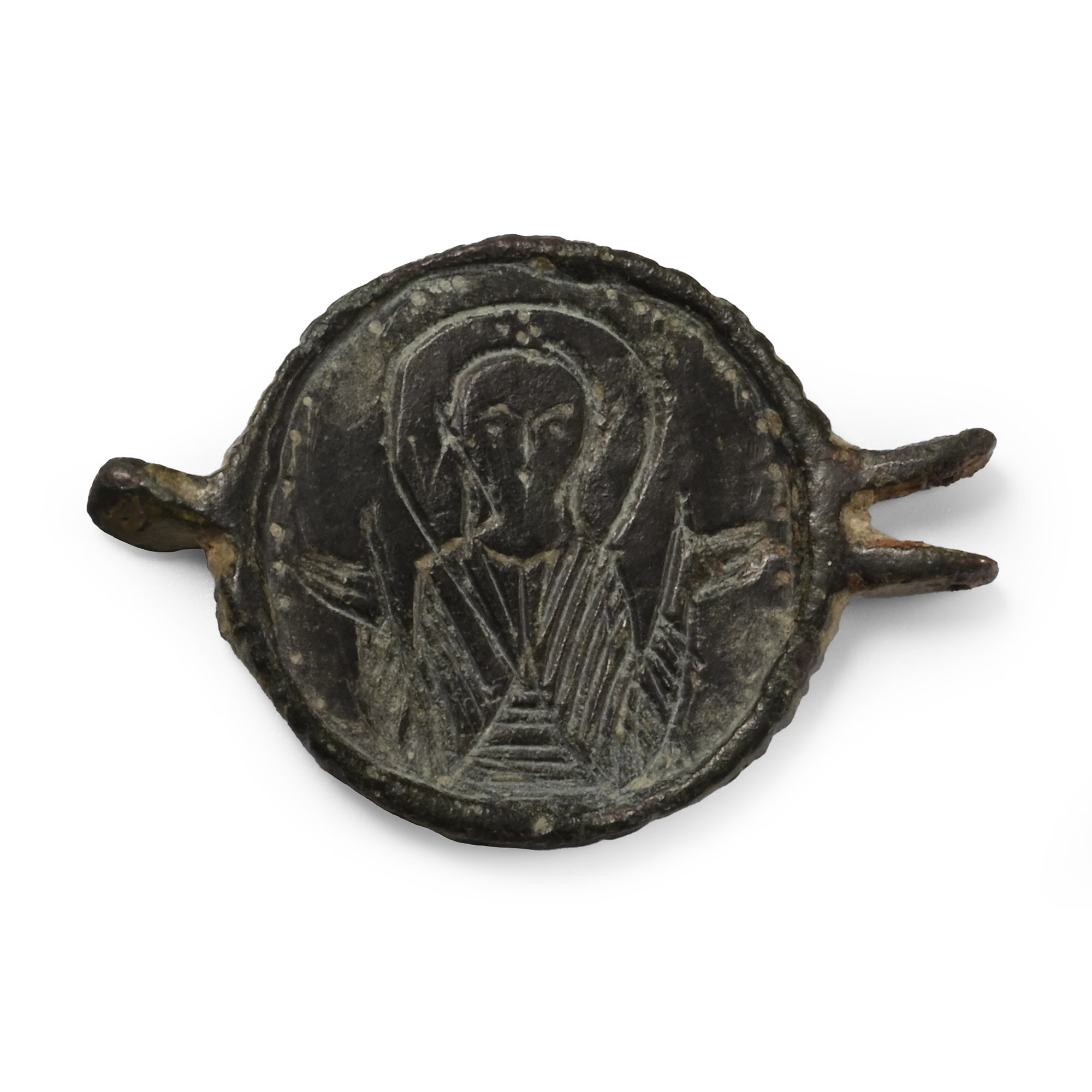 Byzantine Bronze Belt Link with Christ and Saint