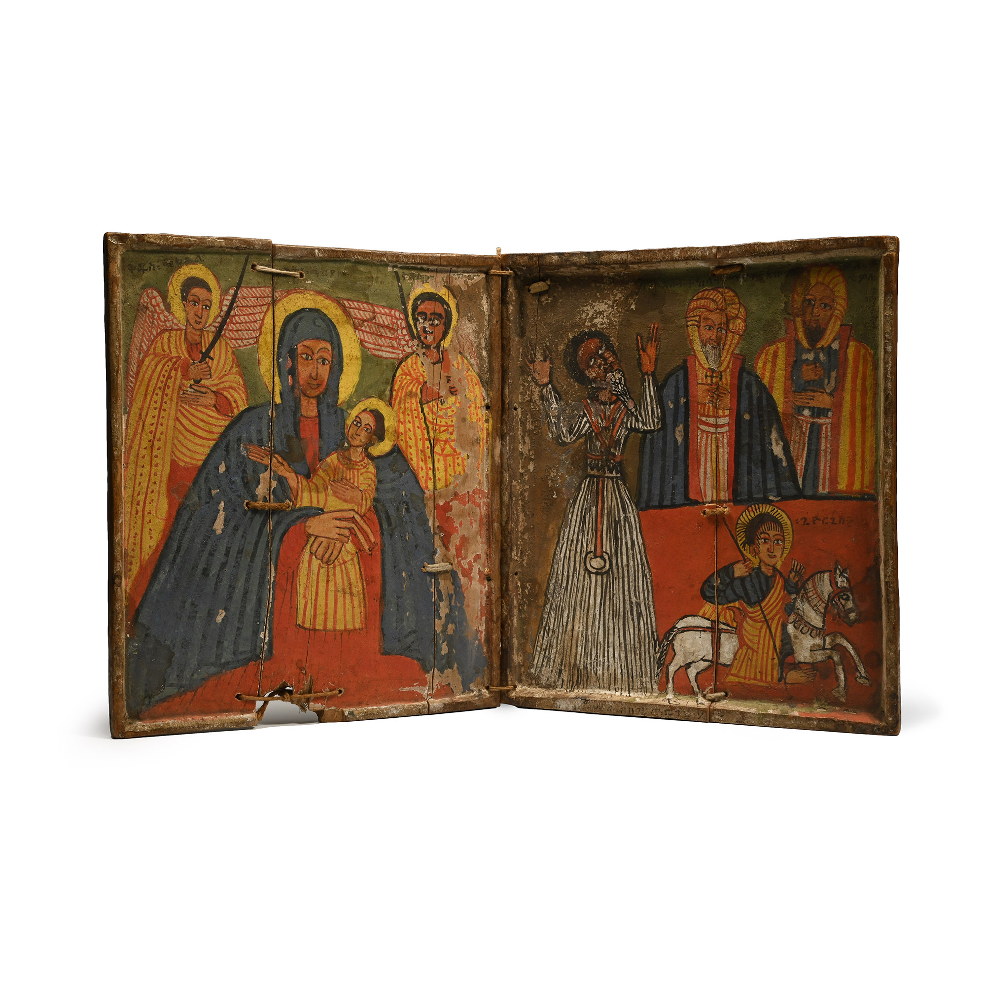 Ethiopian Wooden Diptych Icon of the Virgin and Child with Gabra Manfus Qeddus and Saints