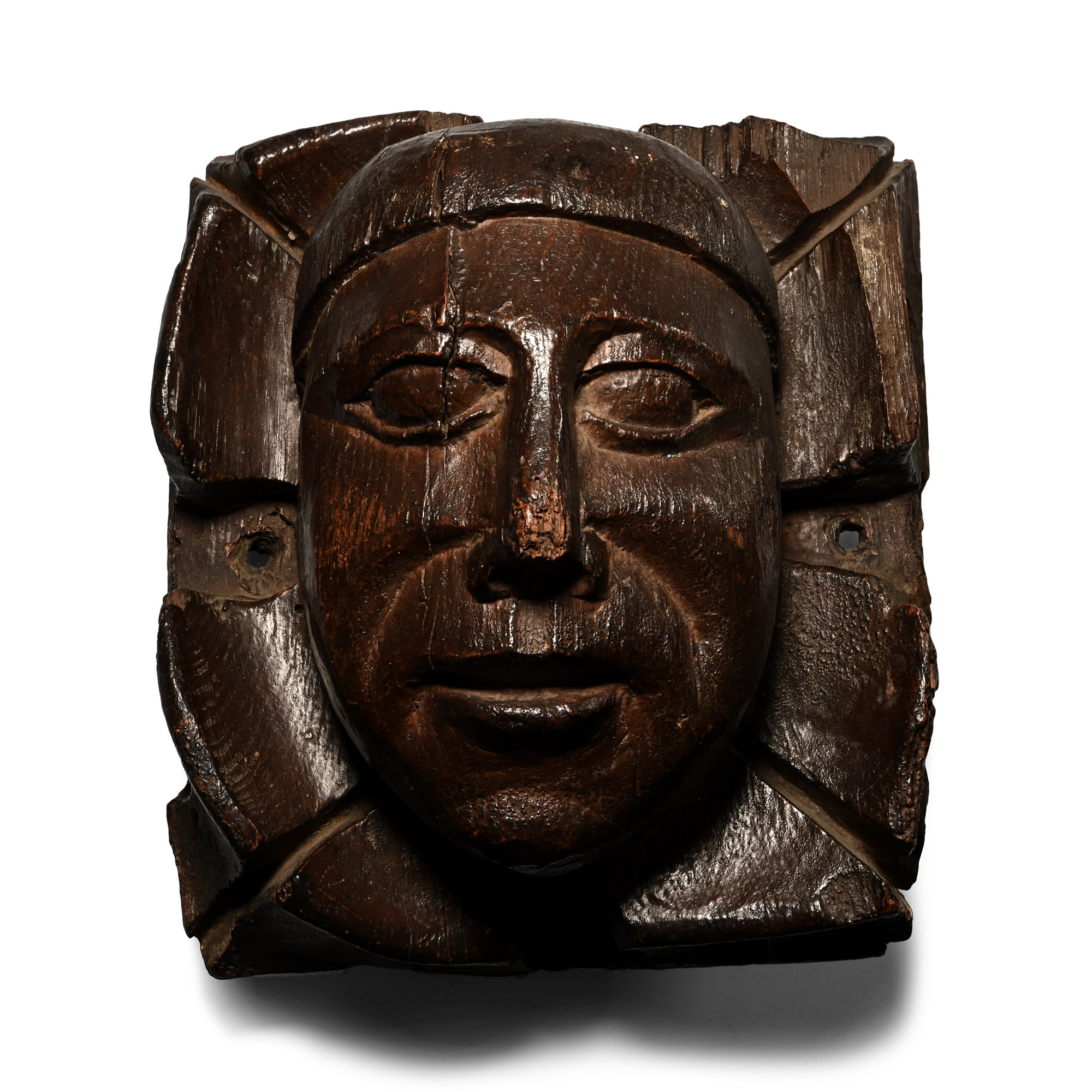 Medieval Carved Oak Boss with the Mask of a Man and Foliage