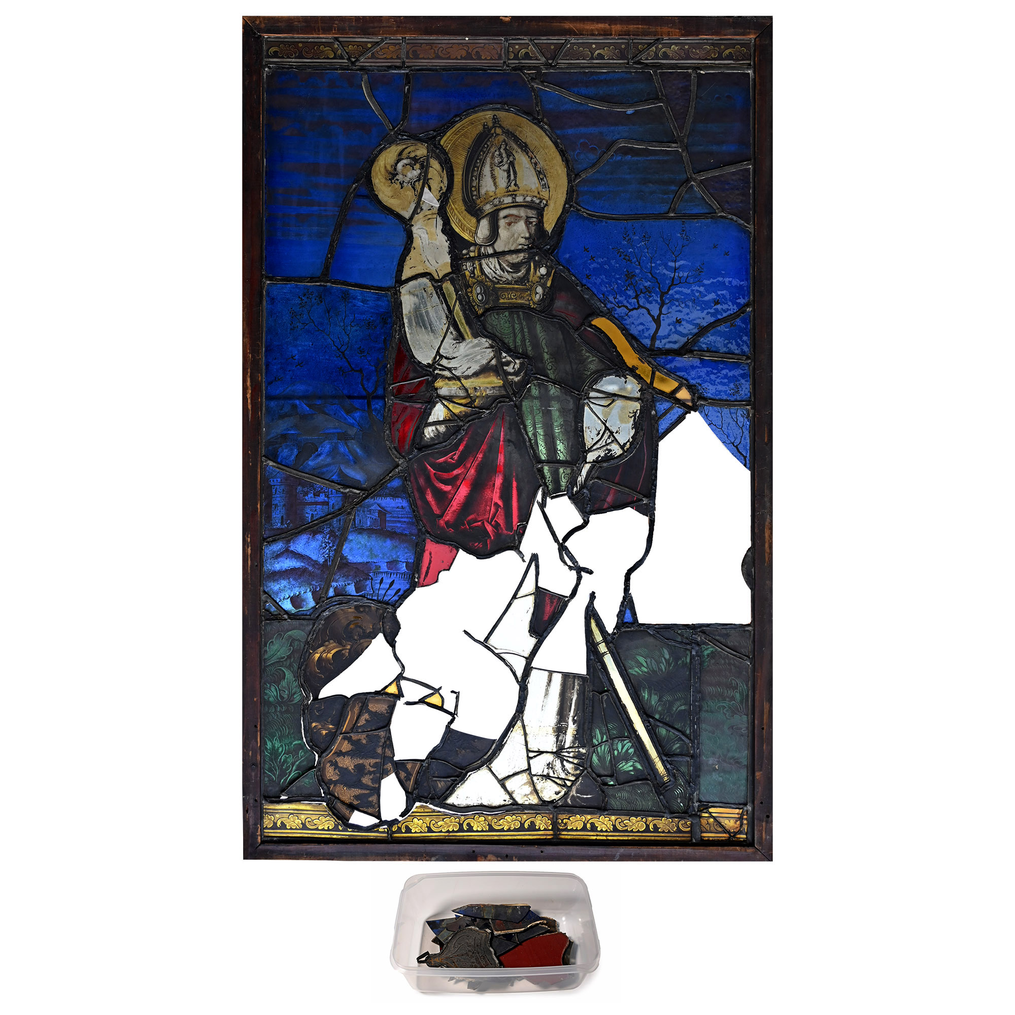 Renaissance Stained Glass Panel of Saint Leodegar Accompanied by the Arms of Dukedom of Alemannien