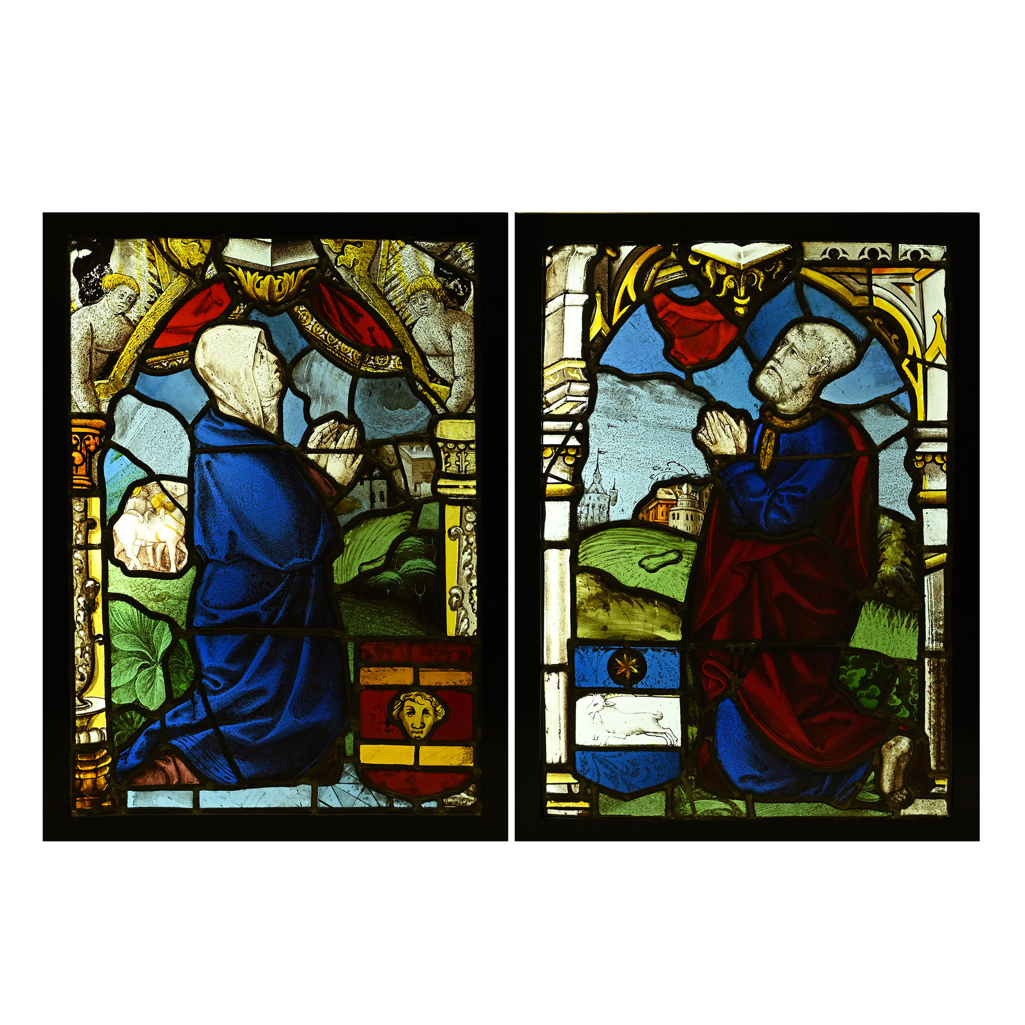Renaissance Stained Glass Window Pair