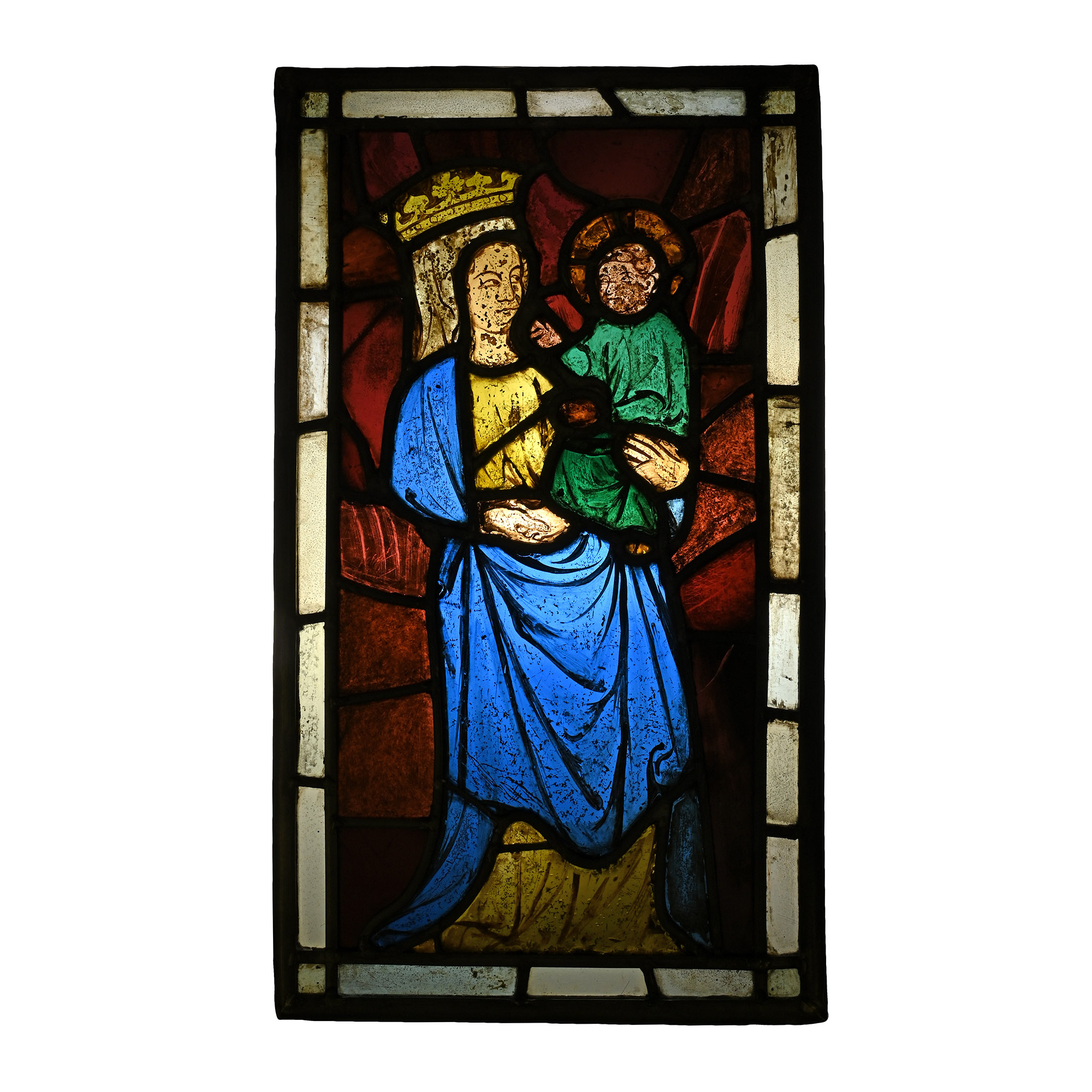 Medieval Stained Glass Panel of Virgin and Child