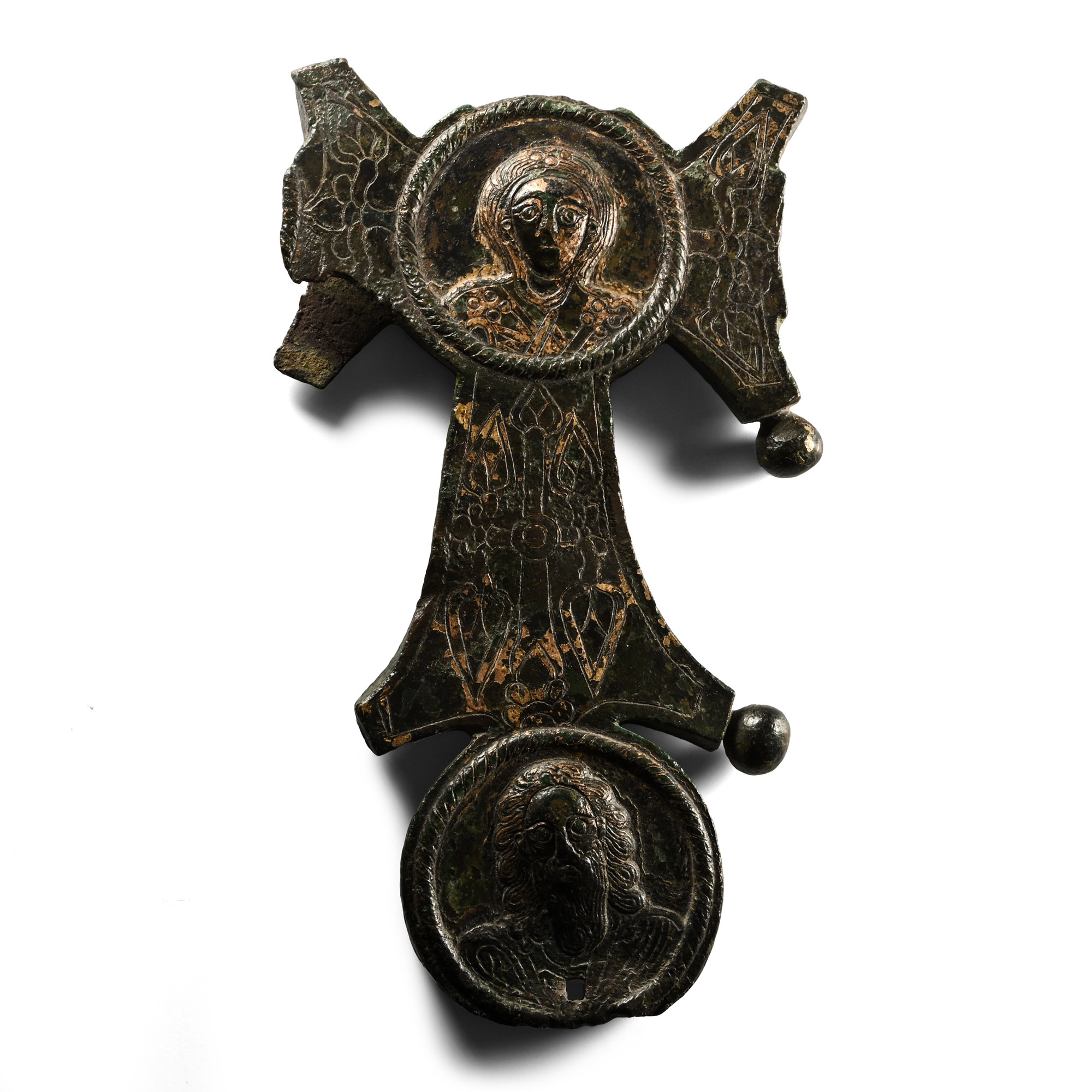 Byzantine Gilt Bronze Altar Cross with Two Medallions