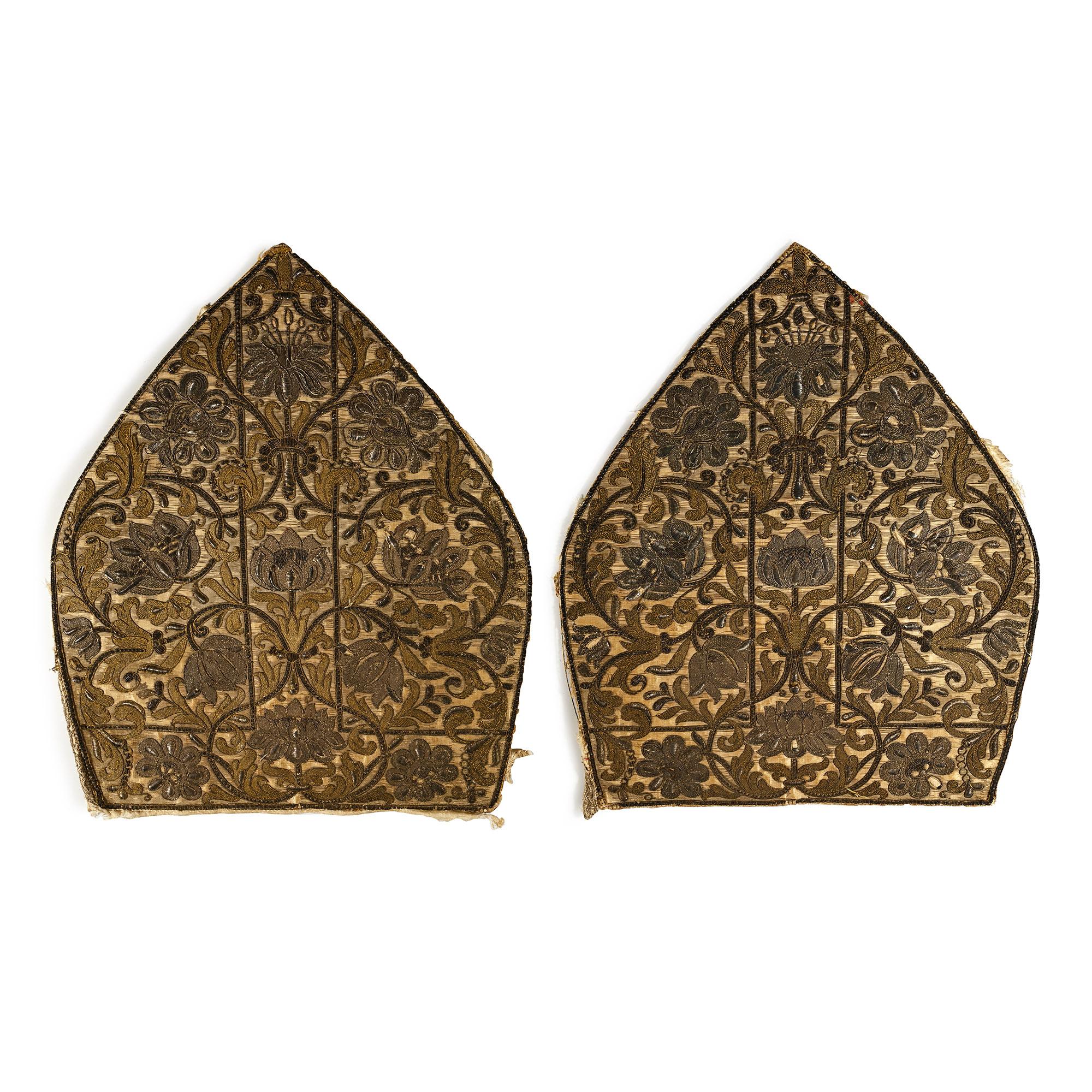Post Medieval Embroidered Mitre and Tooled Leather Case