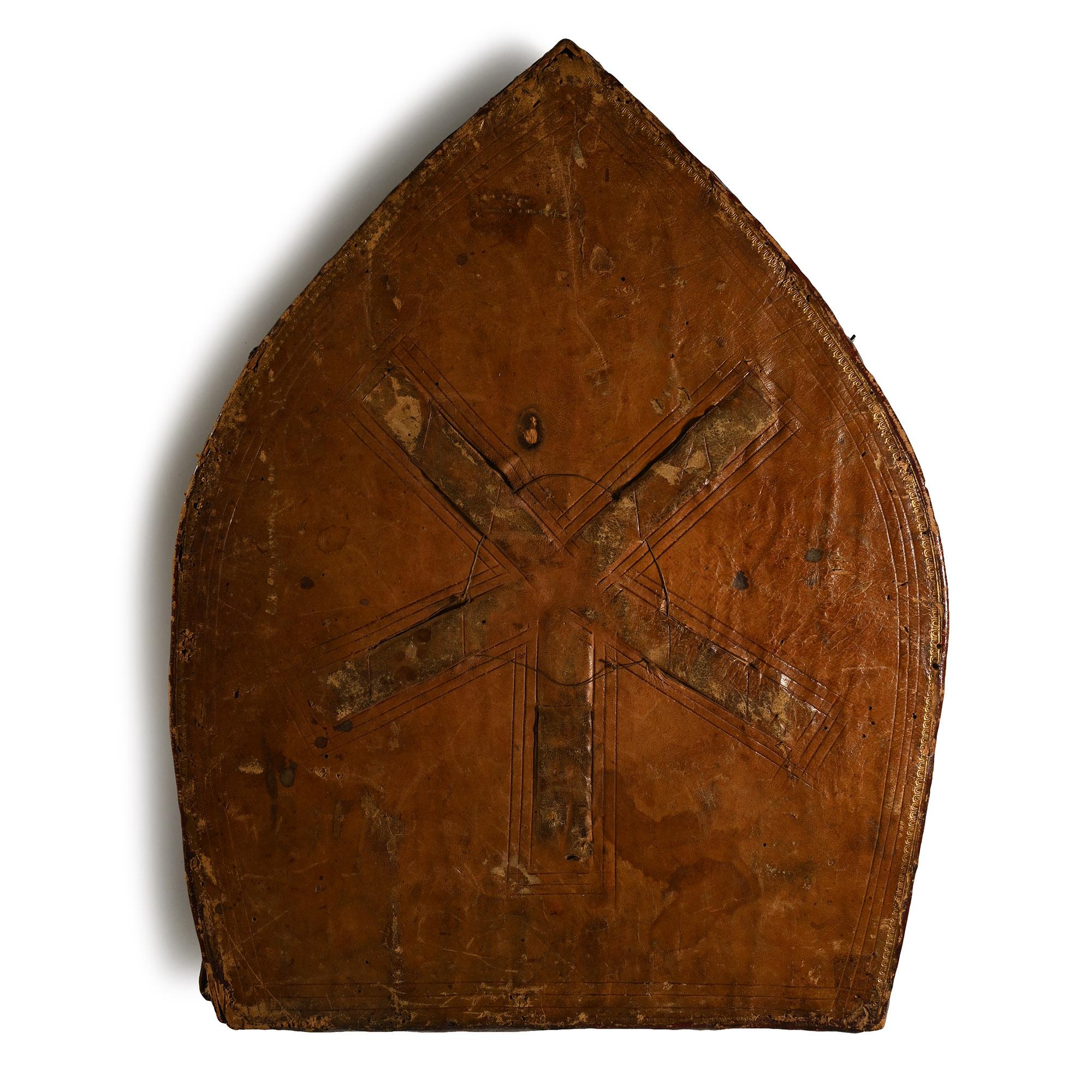 Post Medieval Embroidered Mitre and Tooled Leather Case