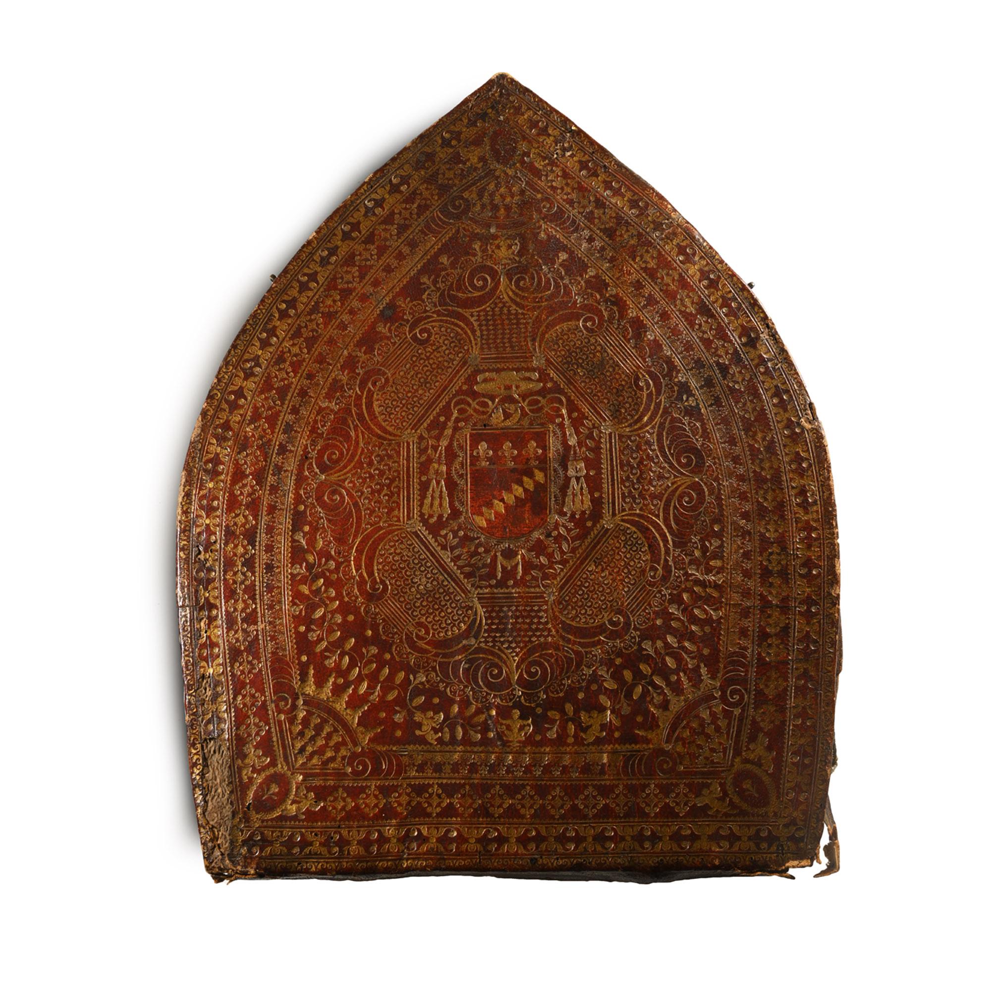 Post Medieval Embroidered Mitre and Tooled Leather Case