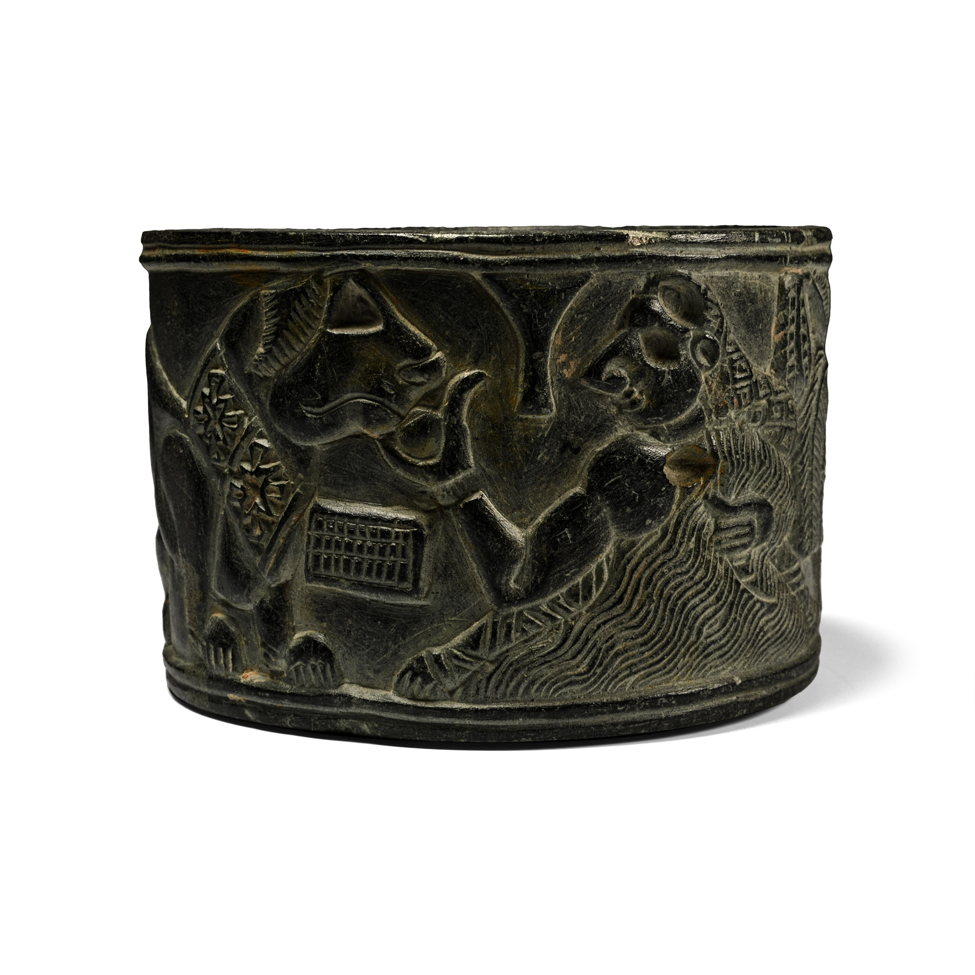 Bactrian Stone Bowl with Two Lions and Female Figure