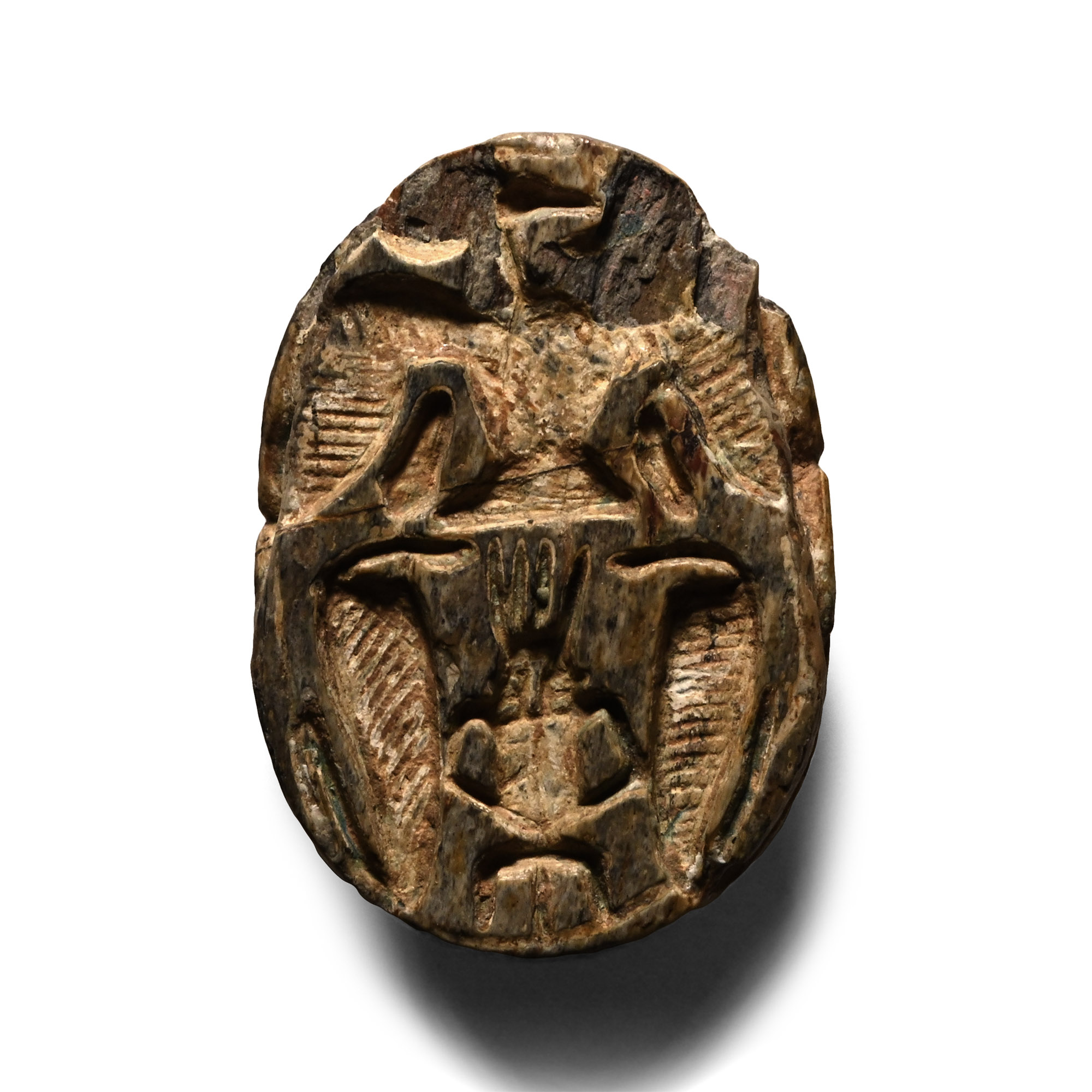 Egyptian Steatite Scarab with Bes, Vulture and Cobras