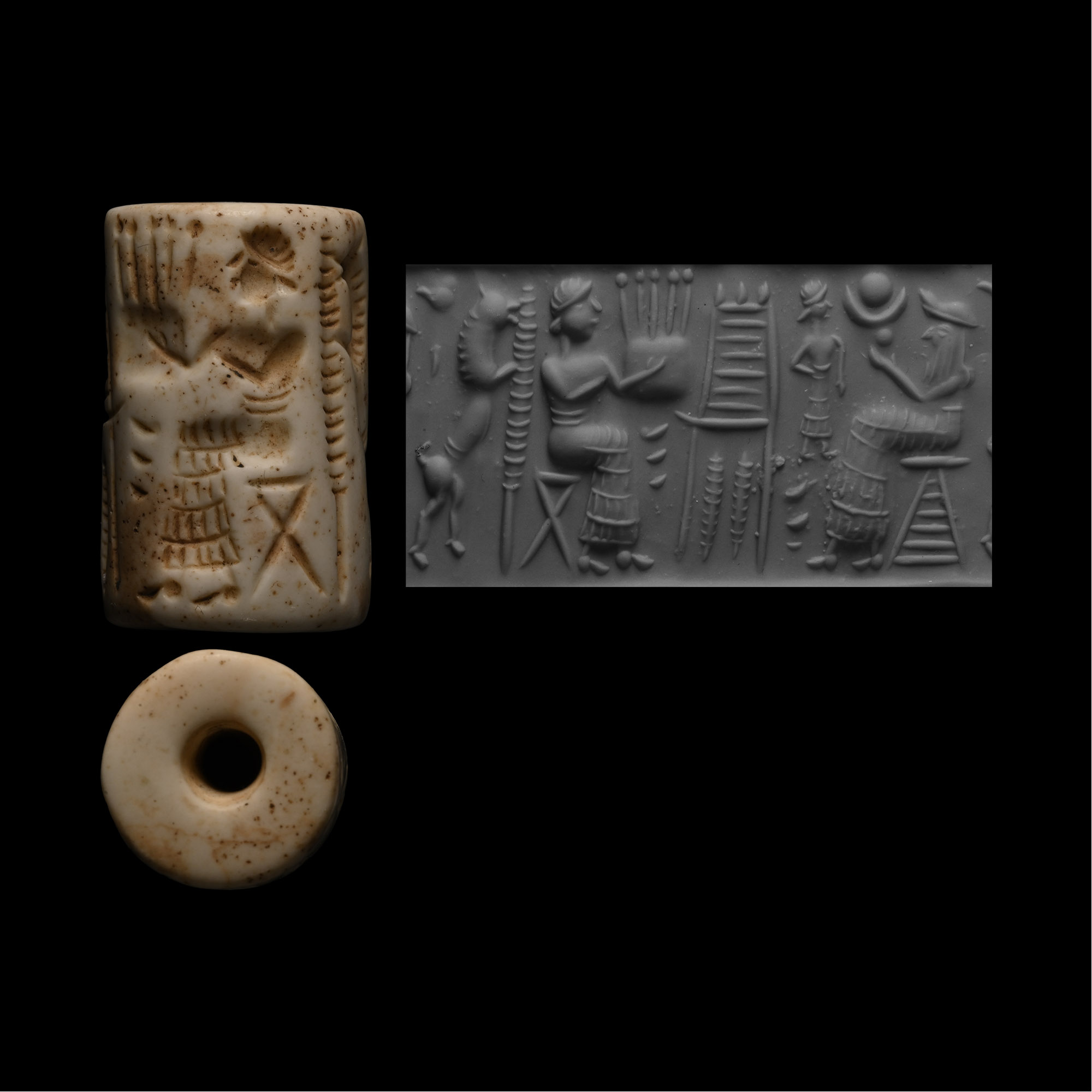 Sumerian White Stone Cylinder Seal with Hunter