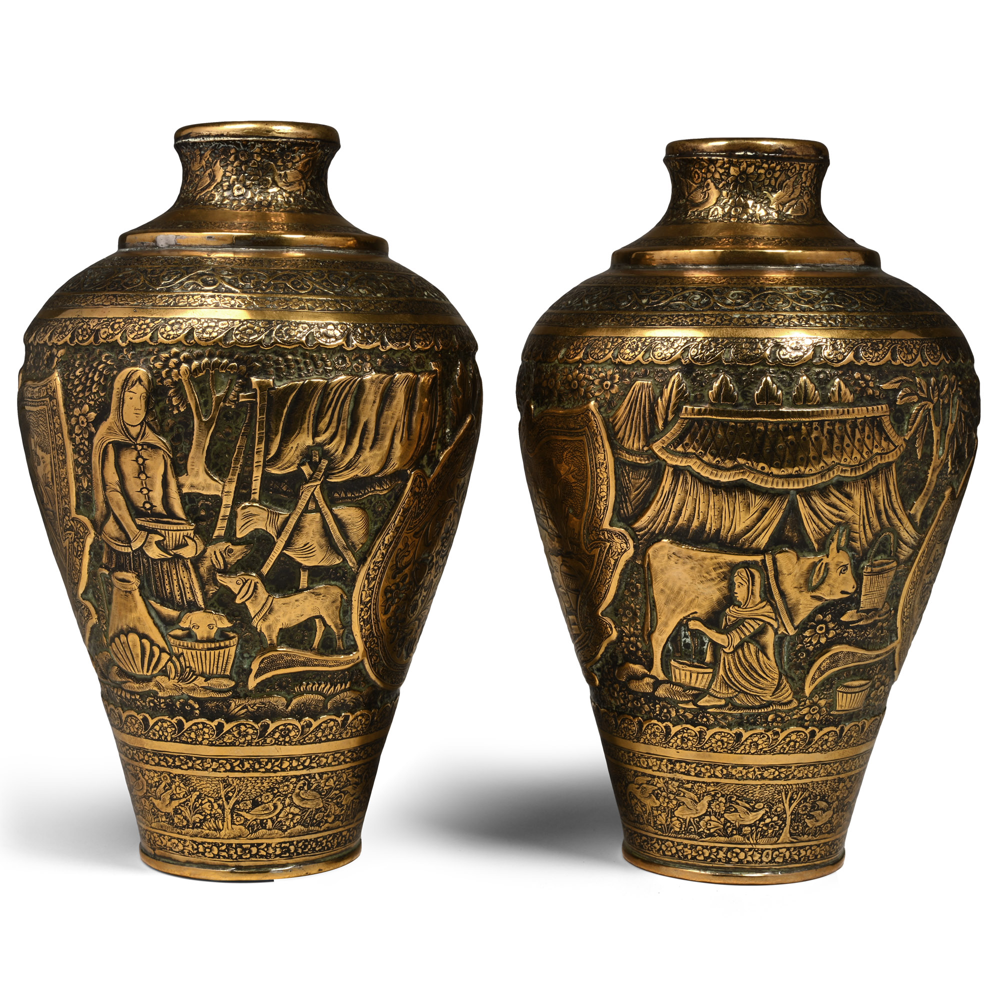 Qajar Hammered Brass Vessel Pair