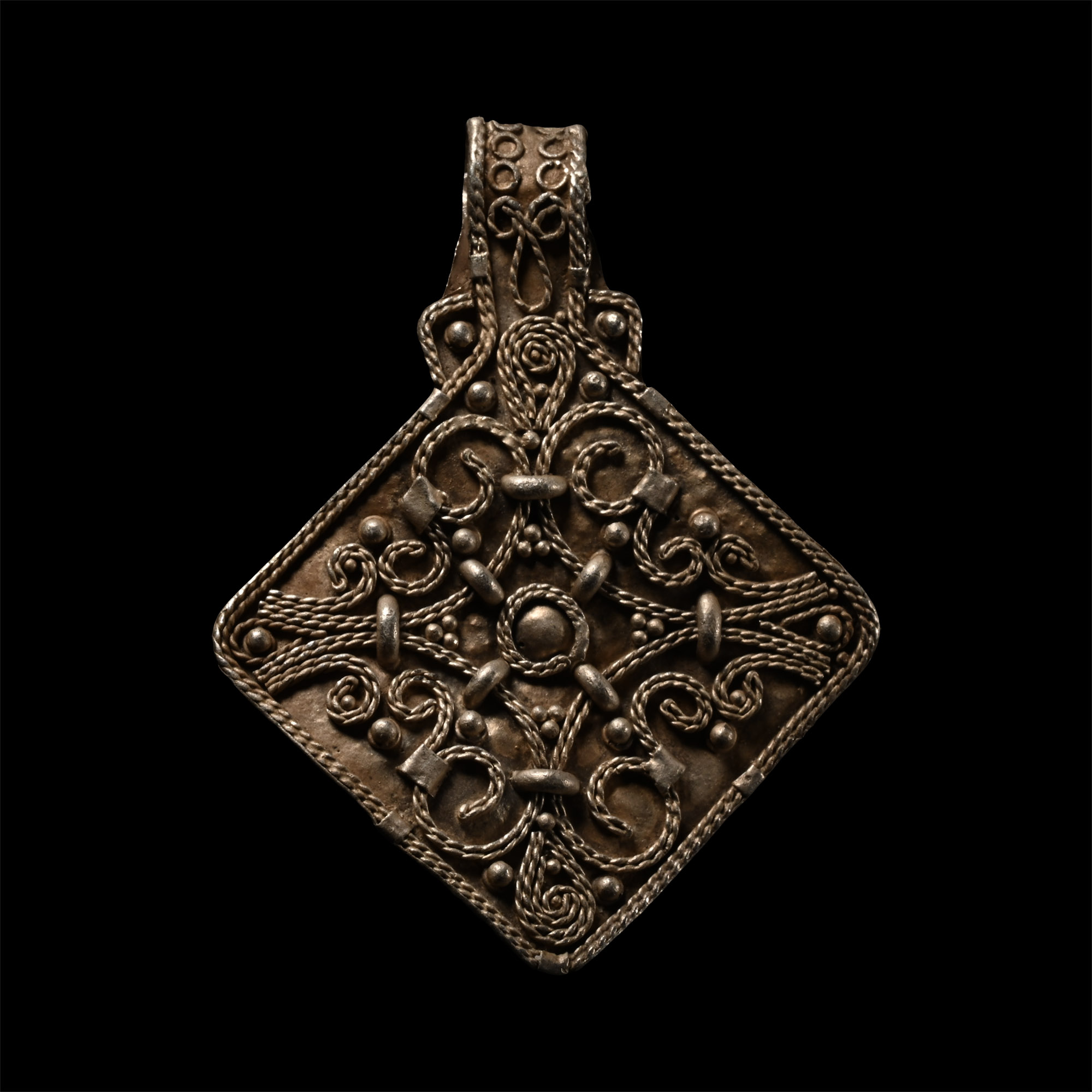 Scandinavian Viking Silver Filigree Lozenge-Shaped Pendant