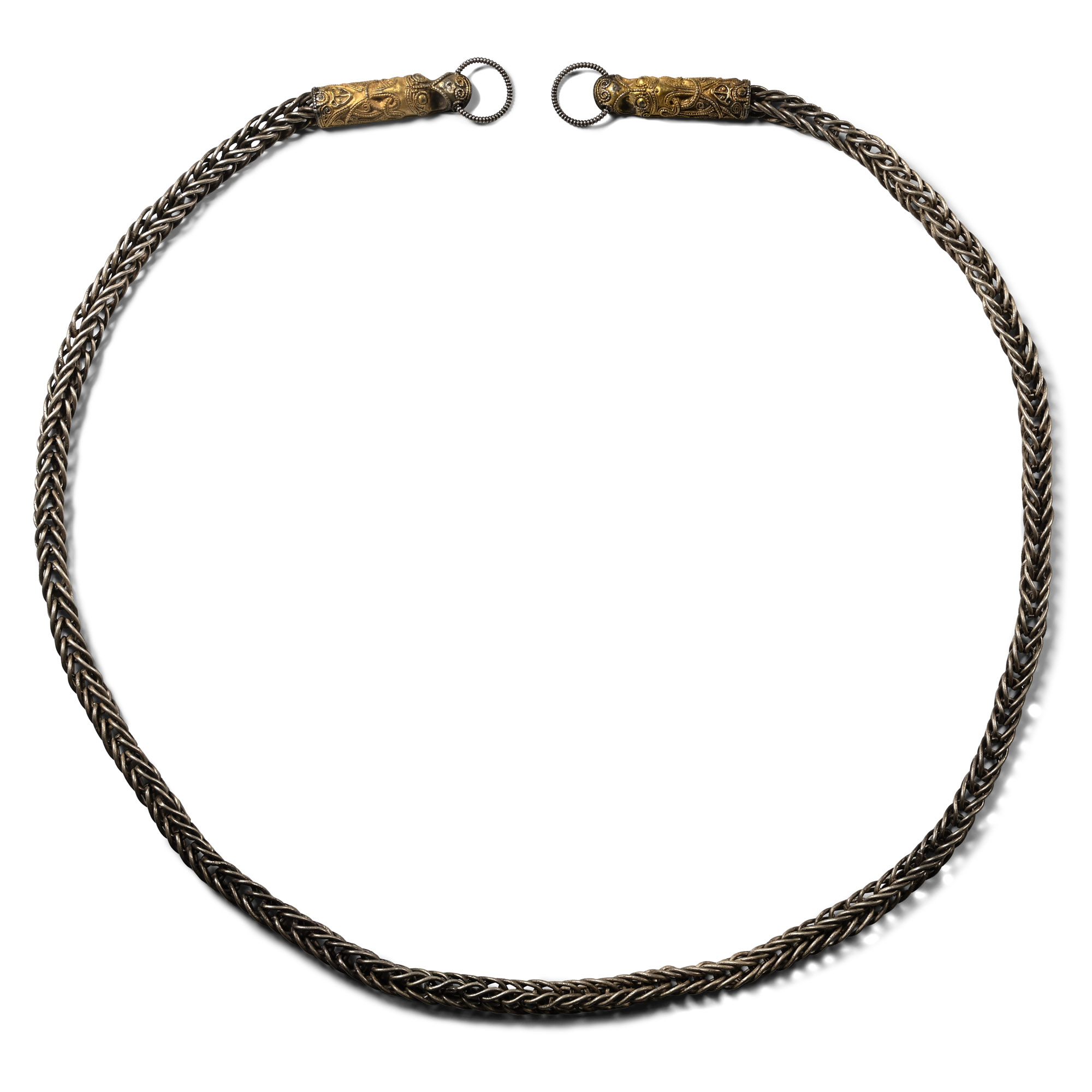 Scandinavian Viking Silver Chain Necklace with Gilt Silver Dragon Terminals