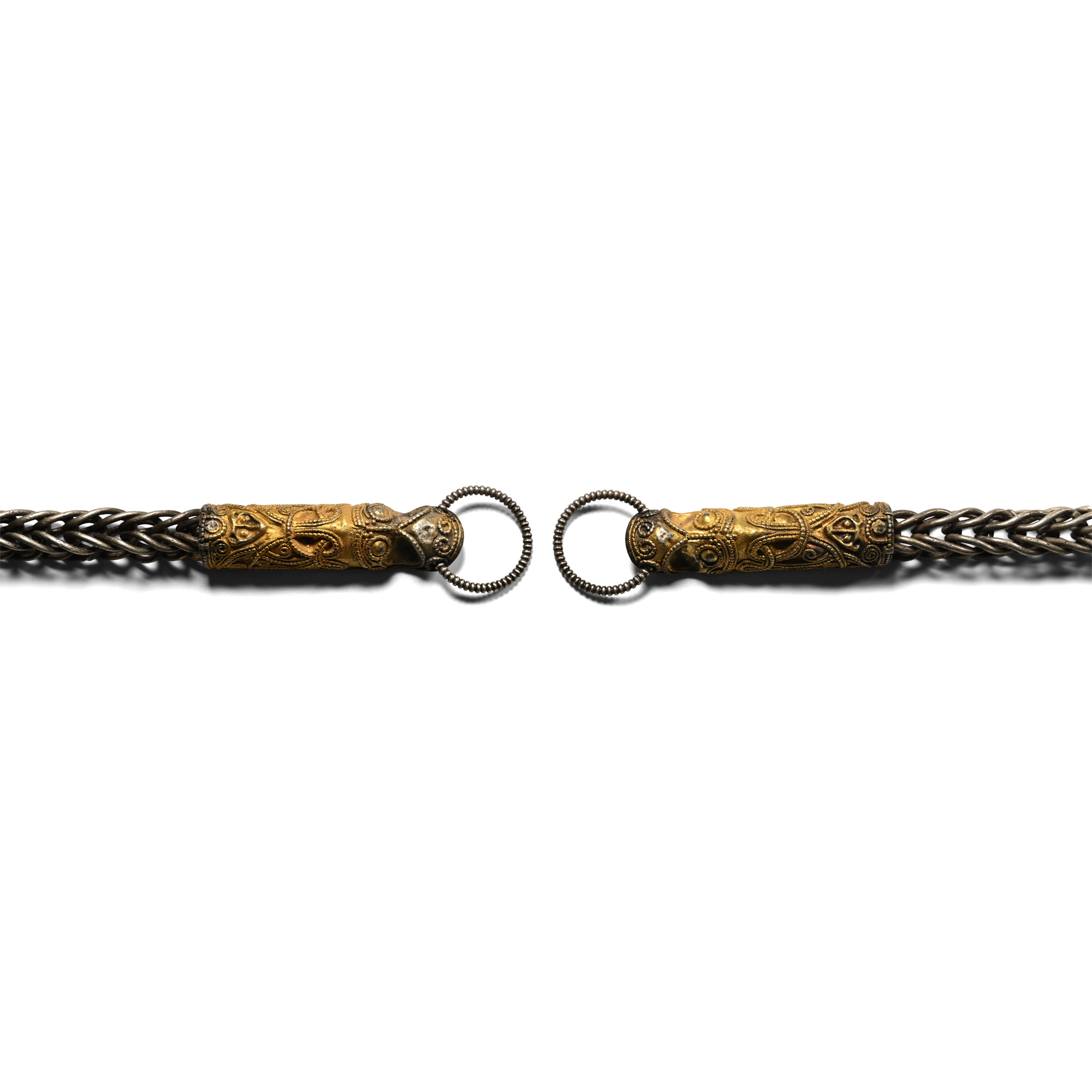 Scandinavian Viking Silver Chain Necklace with Gilt Silver Dragon Terminals