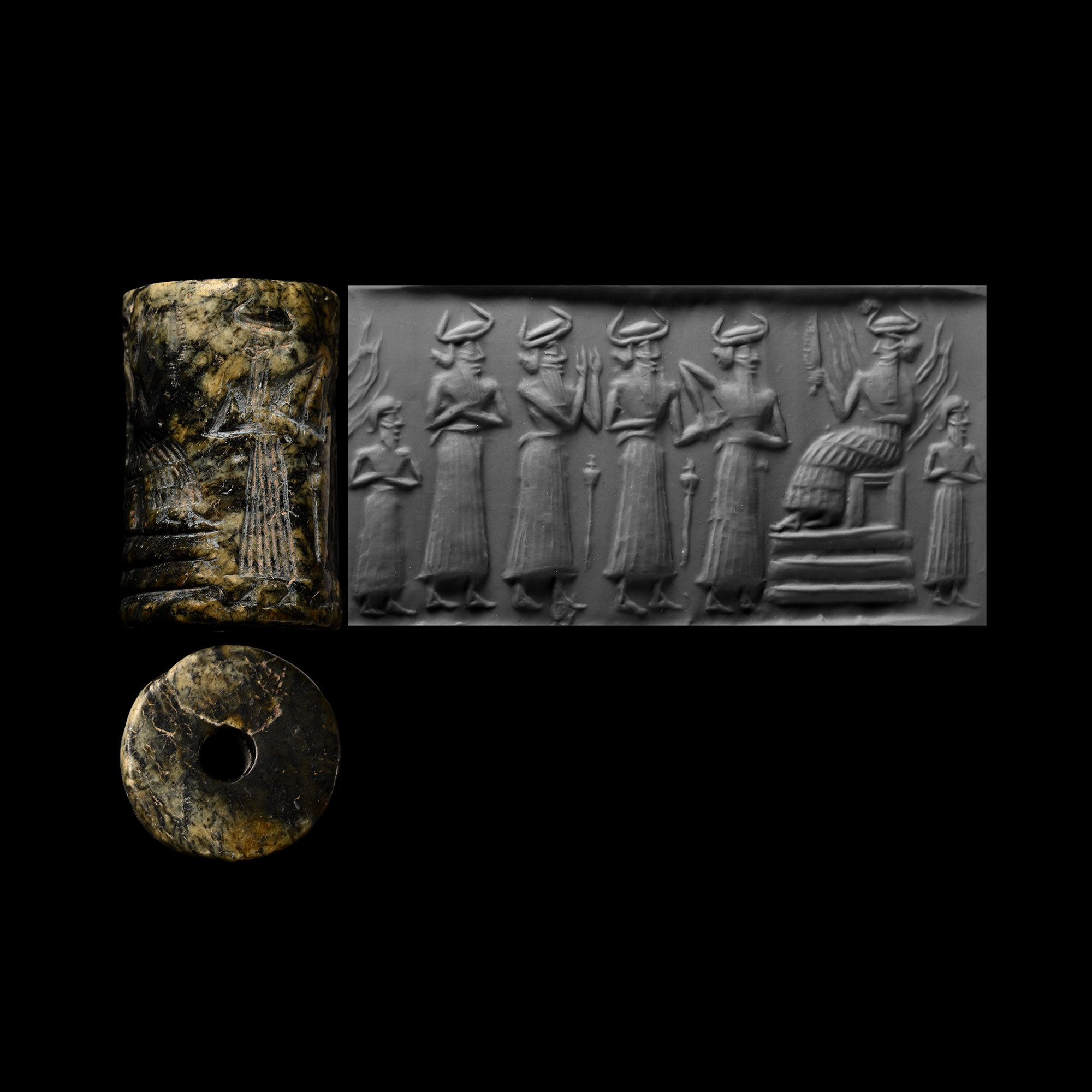 Akkadian Black Stone Cylinder Seal of the Sun God Shamash and Worshipping Parade