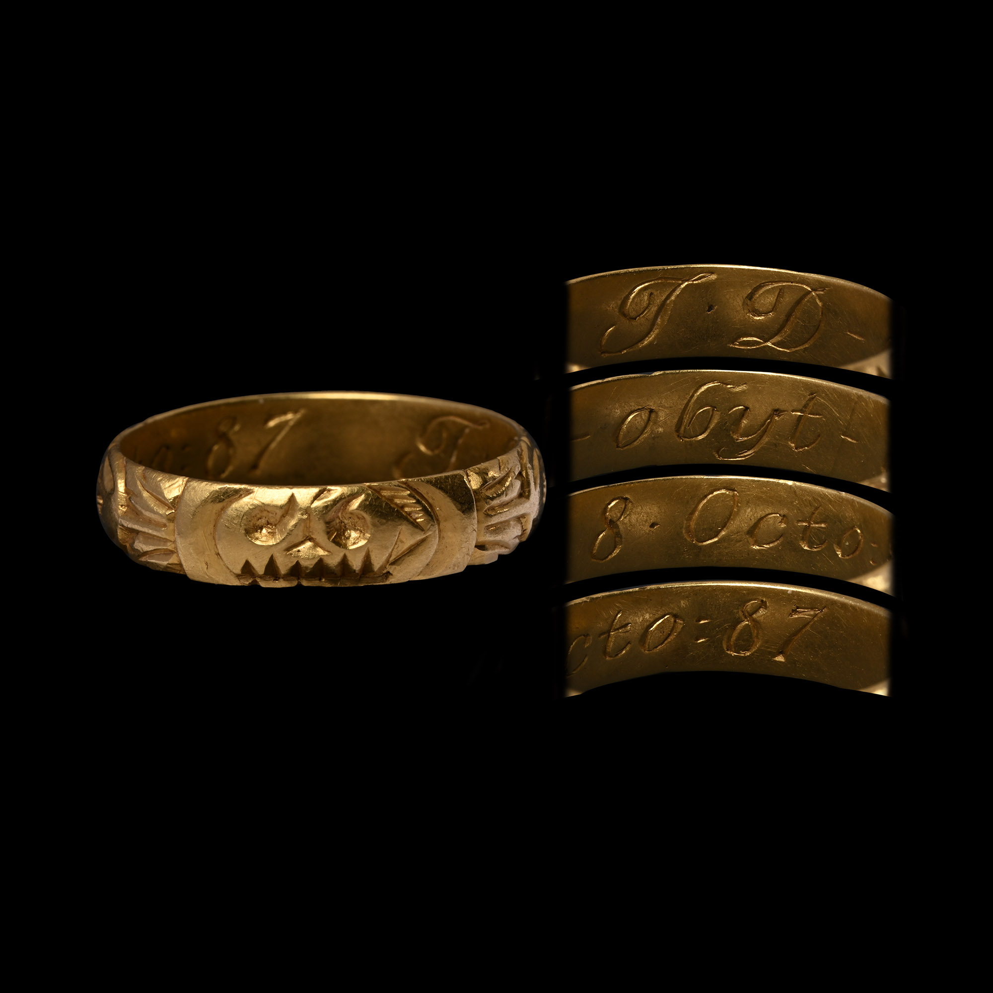 Charles II Engraved Gold Memento Mori Skull Ring