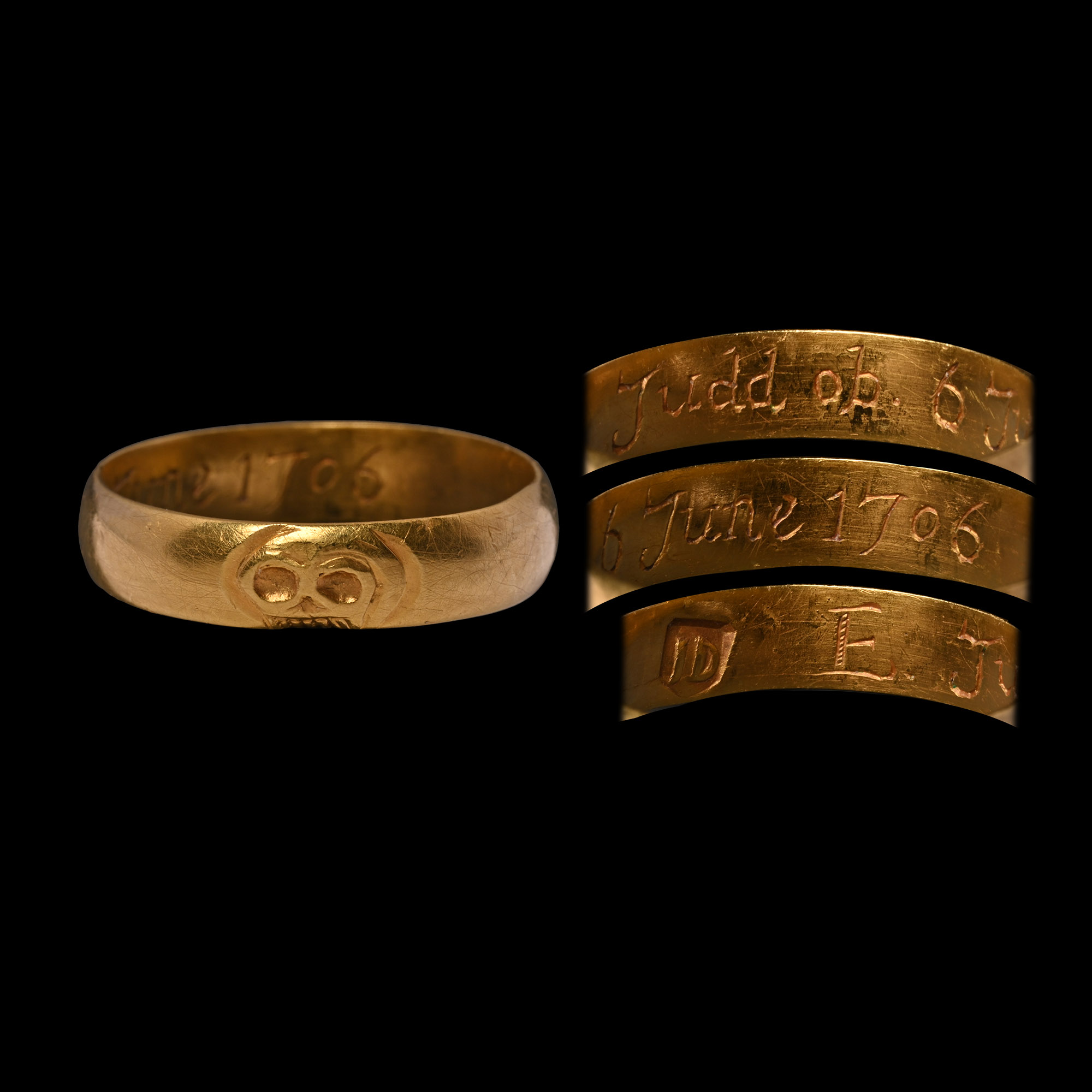 Queen Anne Engraved Gold Memento Mori Skull Ring