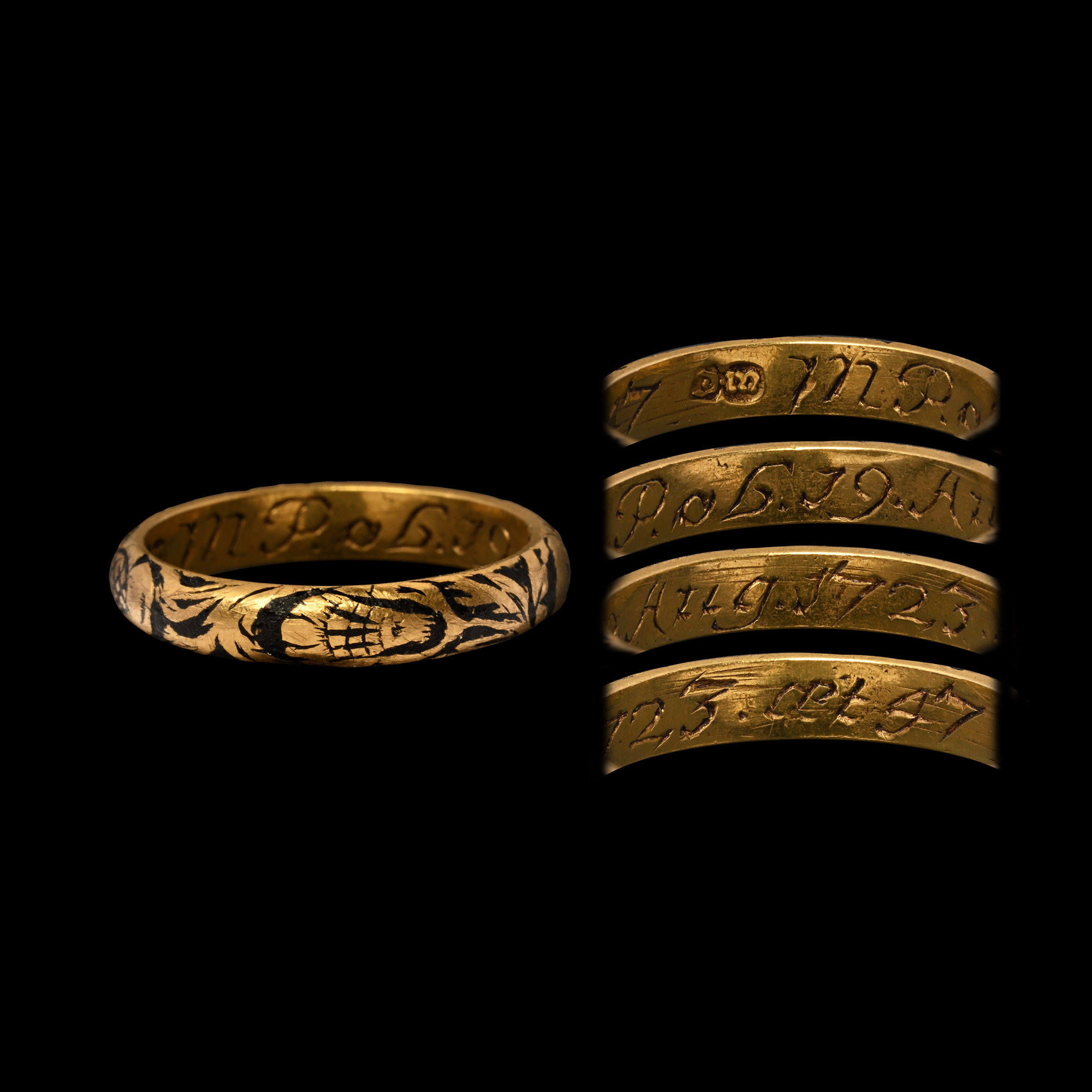 George I Engraved Gold Memento Mori Skull Ring with Black Enamel