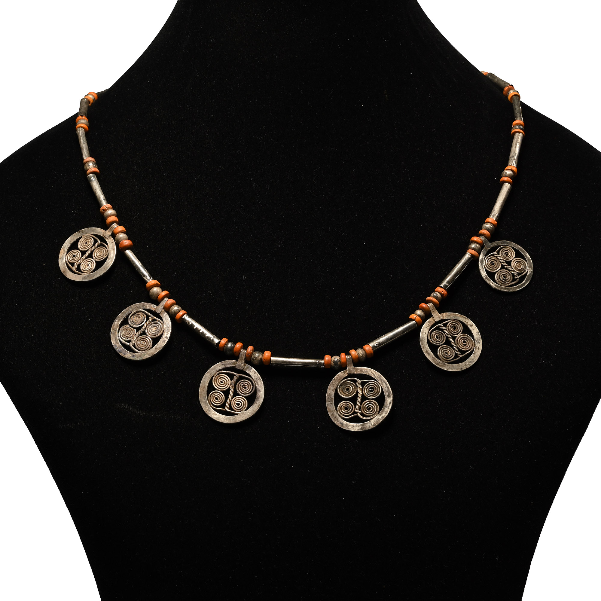 Elamite Carnelian Necklace with Silver Spiral Pendants