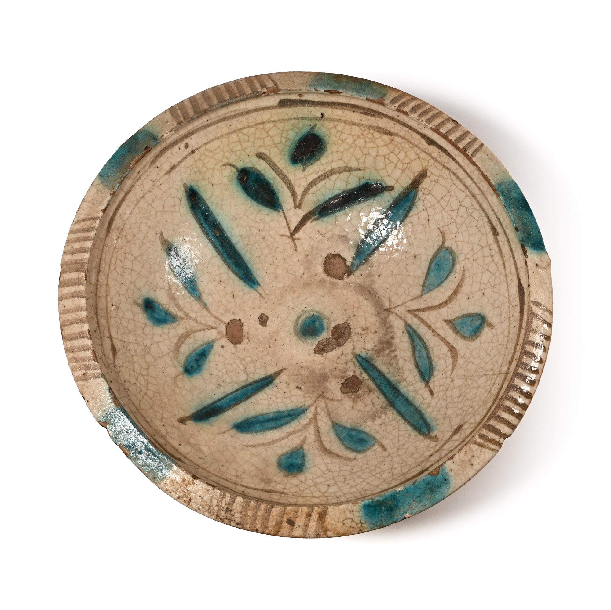 Western Asiatic Ceramic Bowl with Blue Leaf Design
