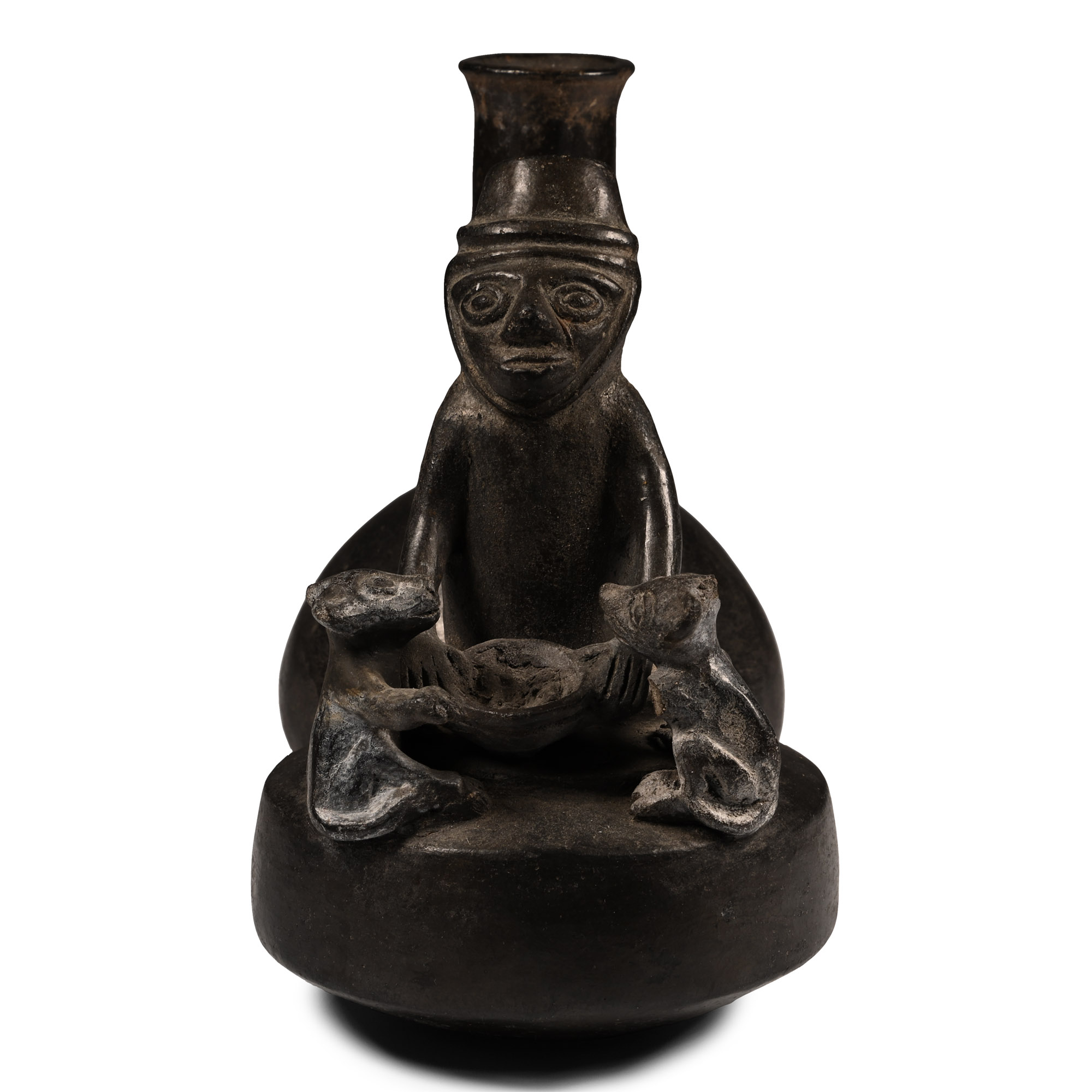 Peruvian Lambayque Painted Pottery Stirrup Jar with Figures