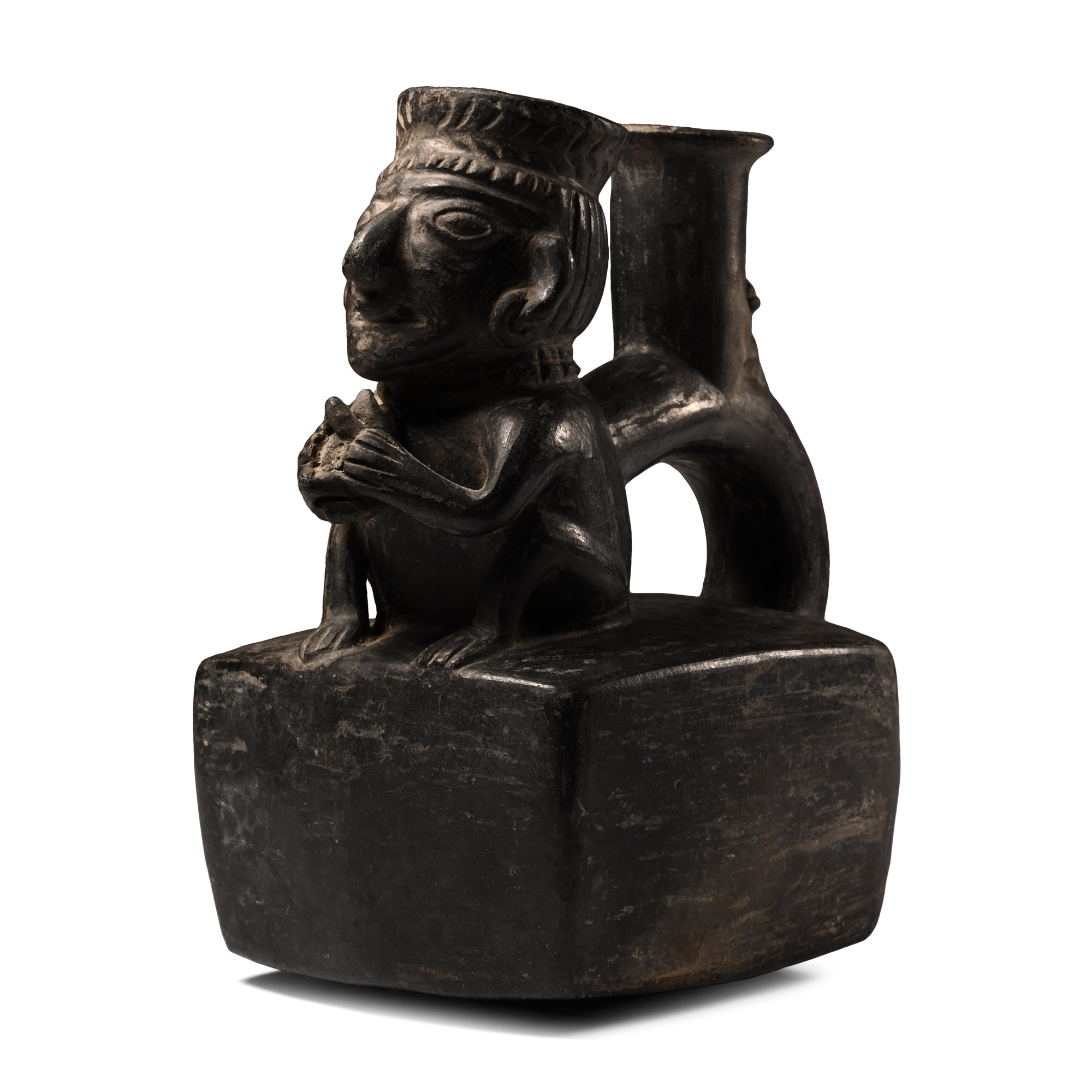 Moche Painted Pottery Stirrup Jar with Crouching Figure