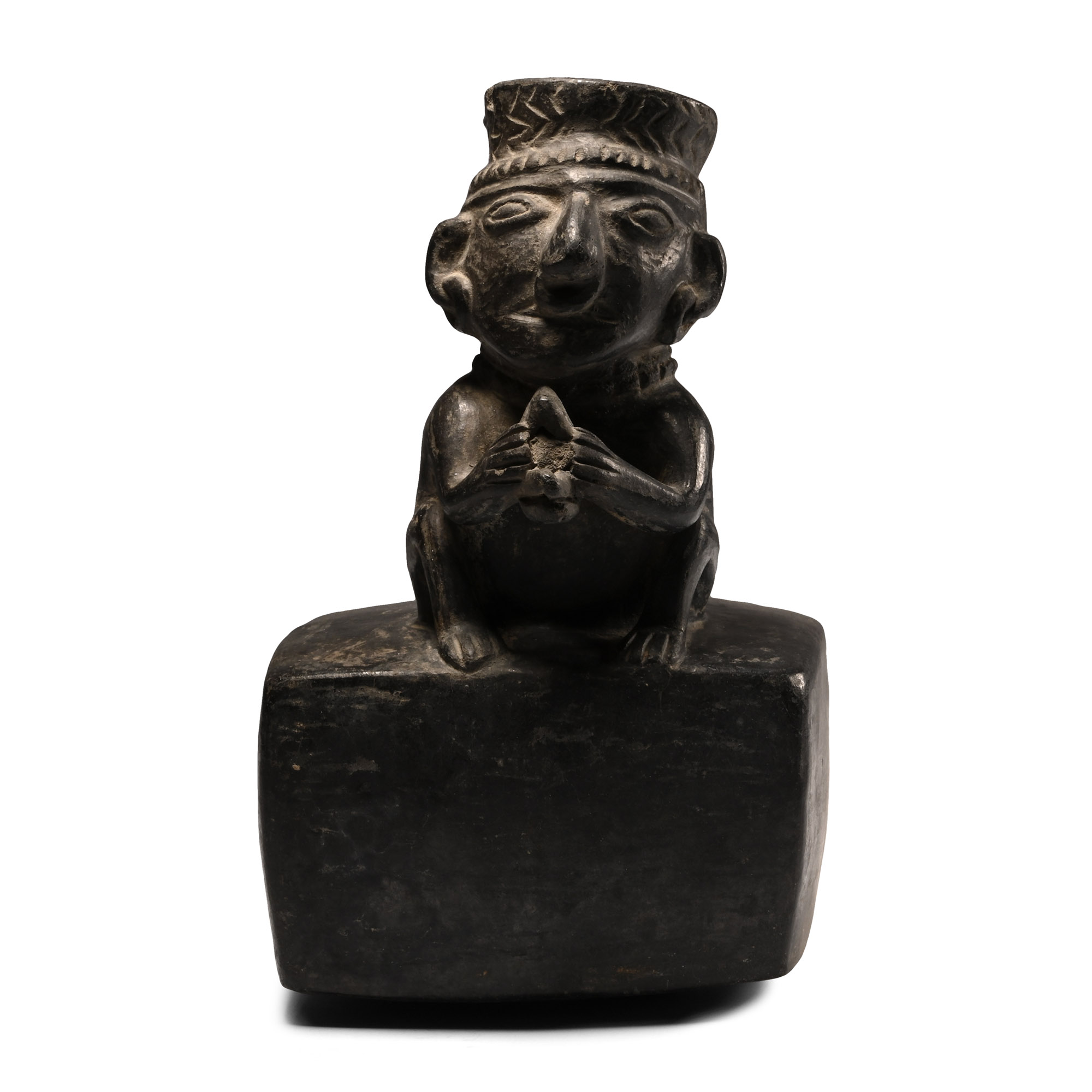 Moche Painted Pottery Stirrup Jar with Crouching Figure