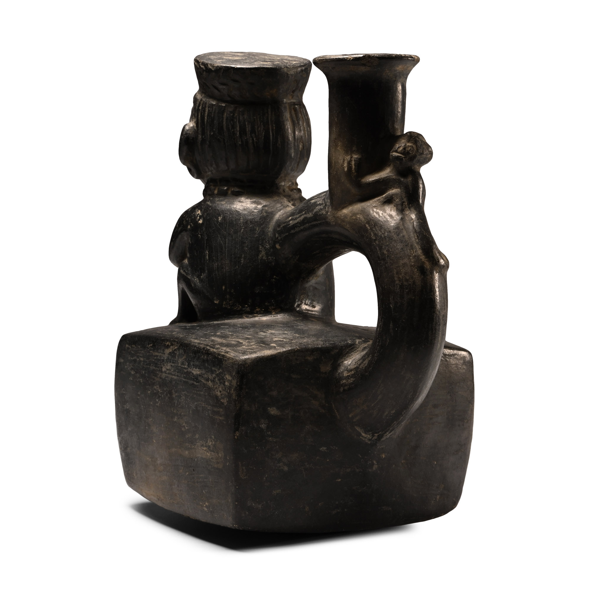 Moche Painted Pottery Stirrup Jar with Crouching Figure