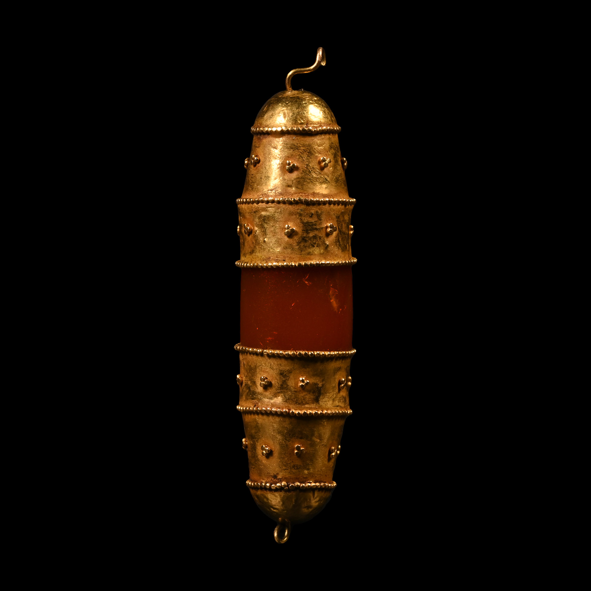Early Parthian Carnelian Bead with Gold End Caps