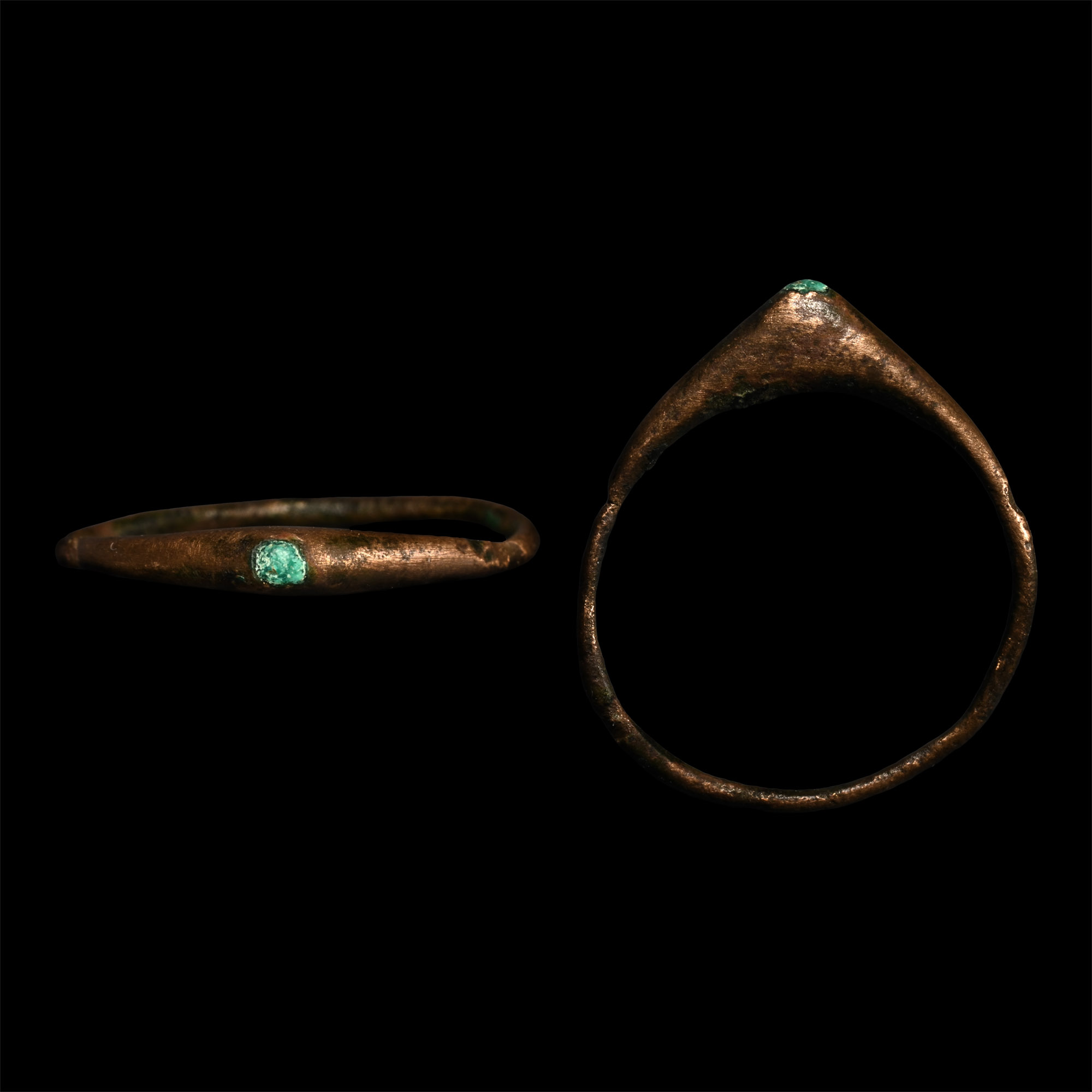 Medieval Bronze Stirrup Ring with Turquoise Gemstone