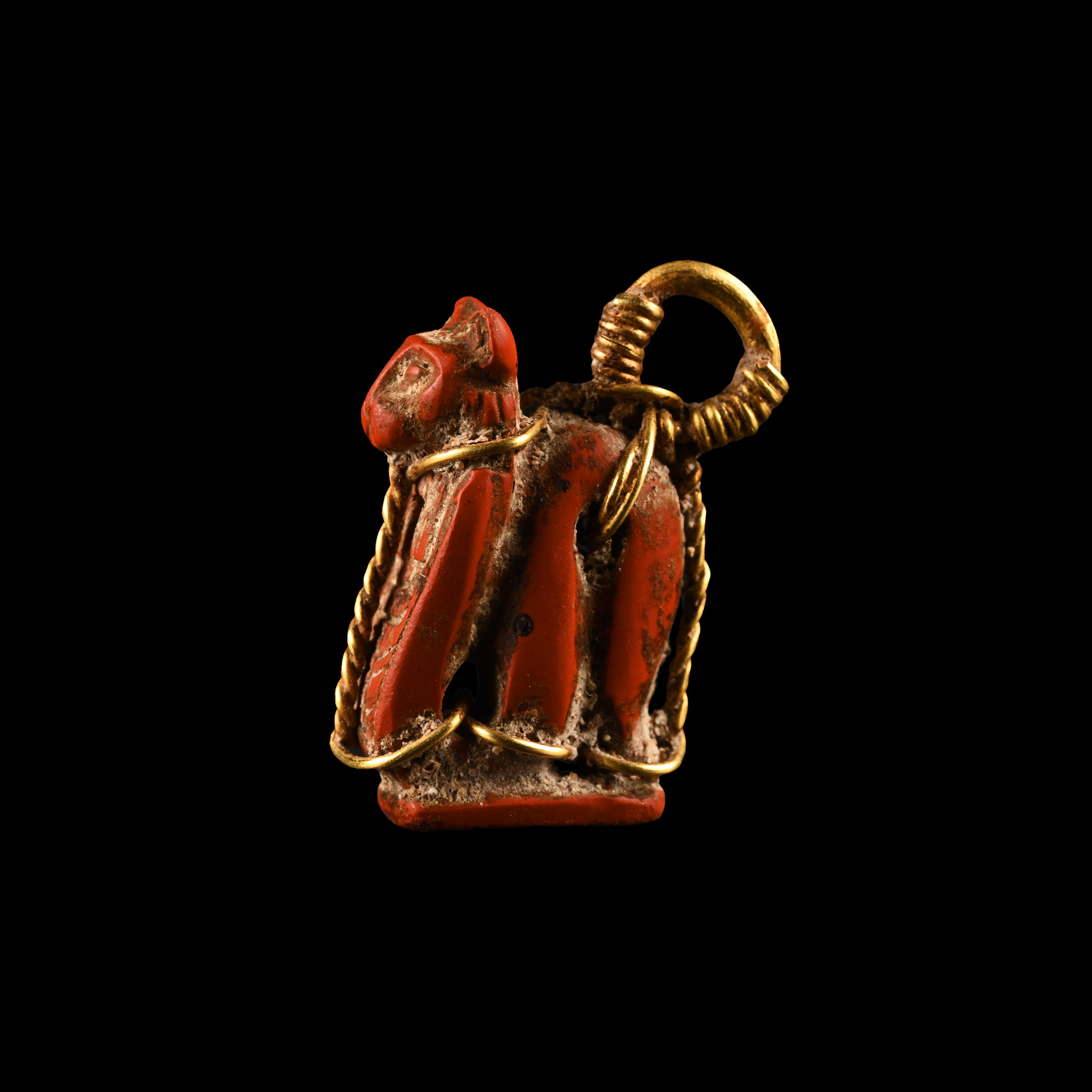 Egyptian Jasper Lion-Headed Cobra Amulet in Gold Frame