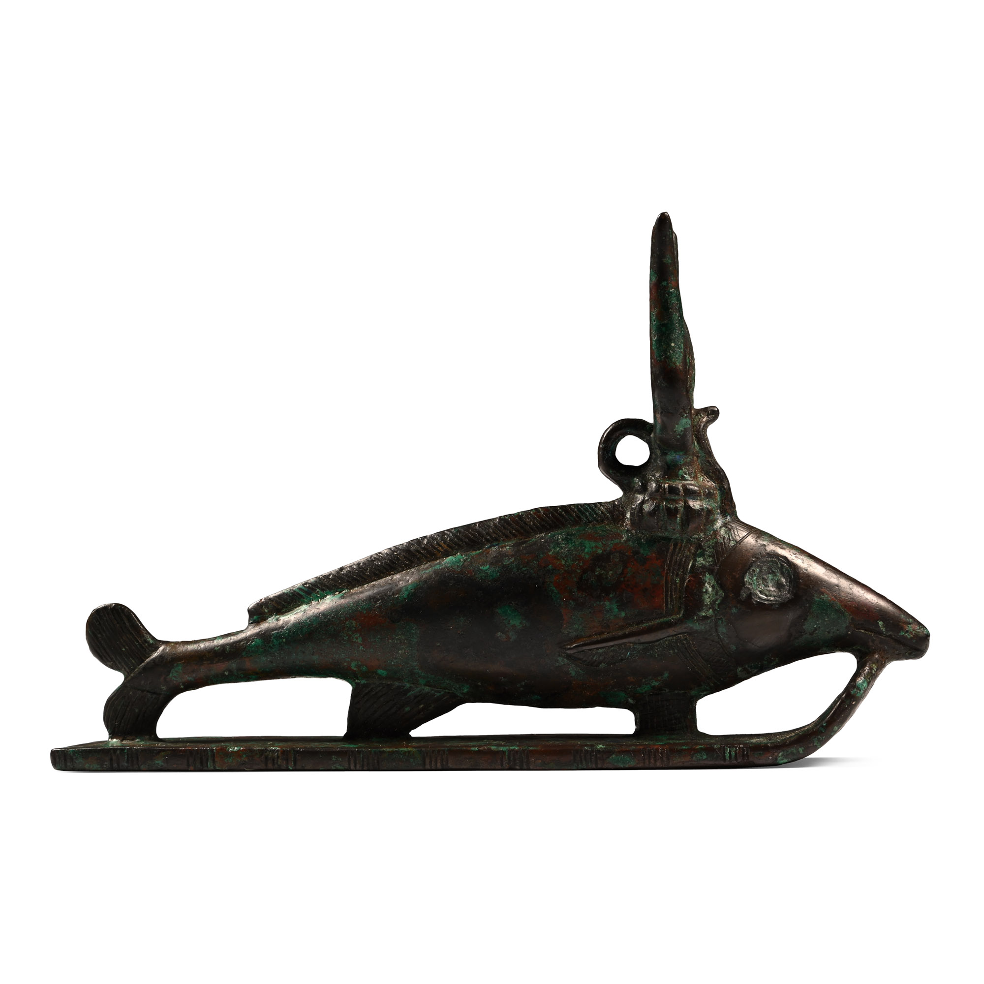Large Egyptian Bronze Oxyrhynchus Fish of Per-Medjed with Hieroglyphic Inscription