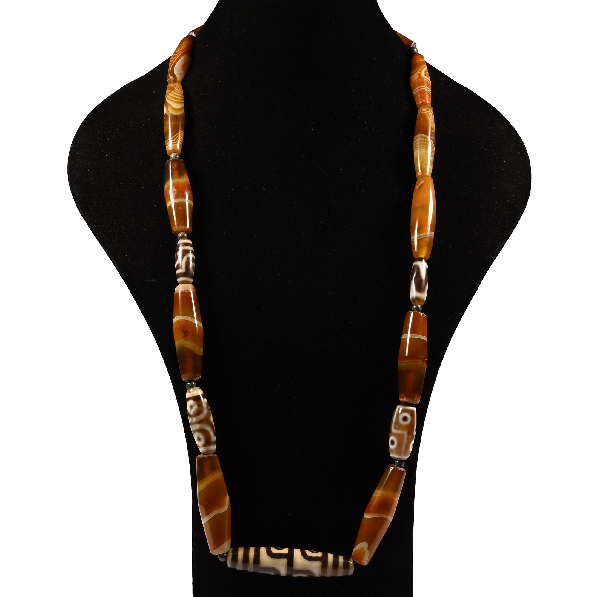Tibetan Style Banded Agate and Glass Bead Necklace