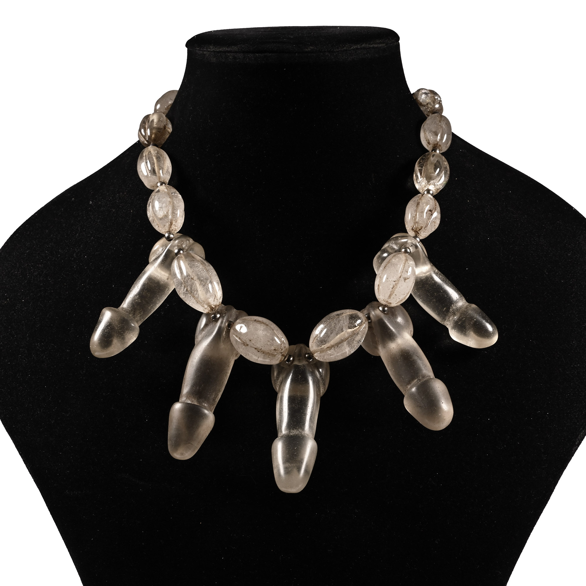 Tibetan Style Rock Crystal Bead Necklace with Glass Phallic Pendants