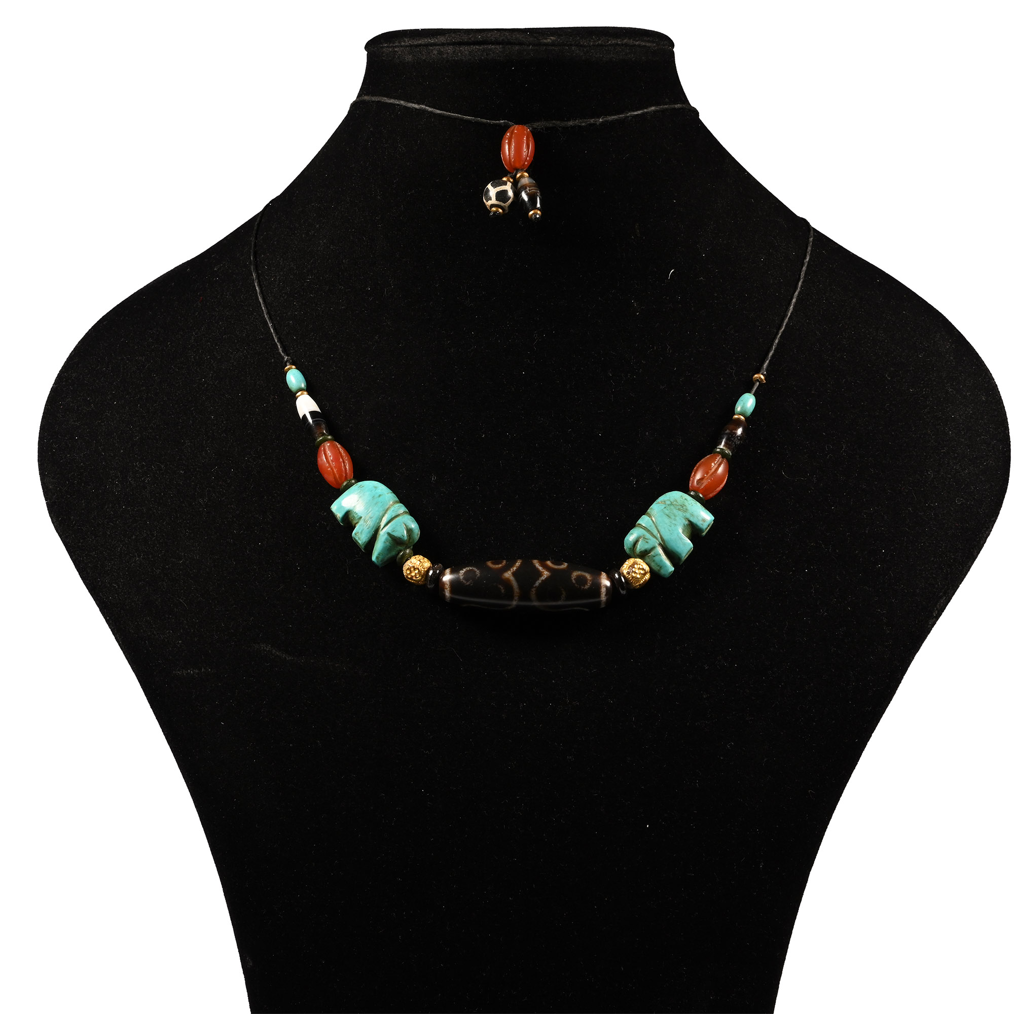 Agate and Glass Bead Necklace String with Elephant Amulets