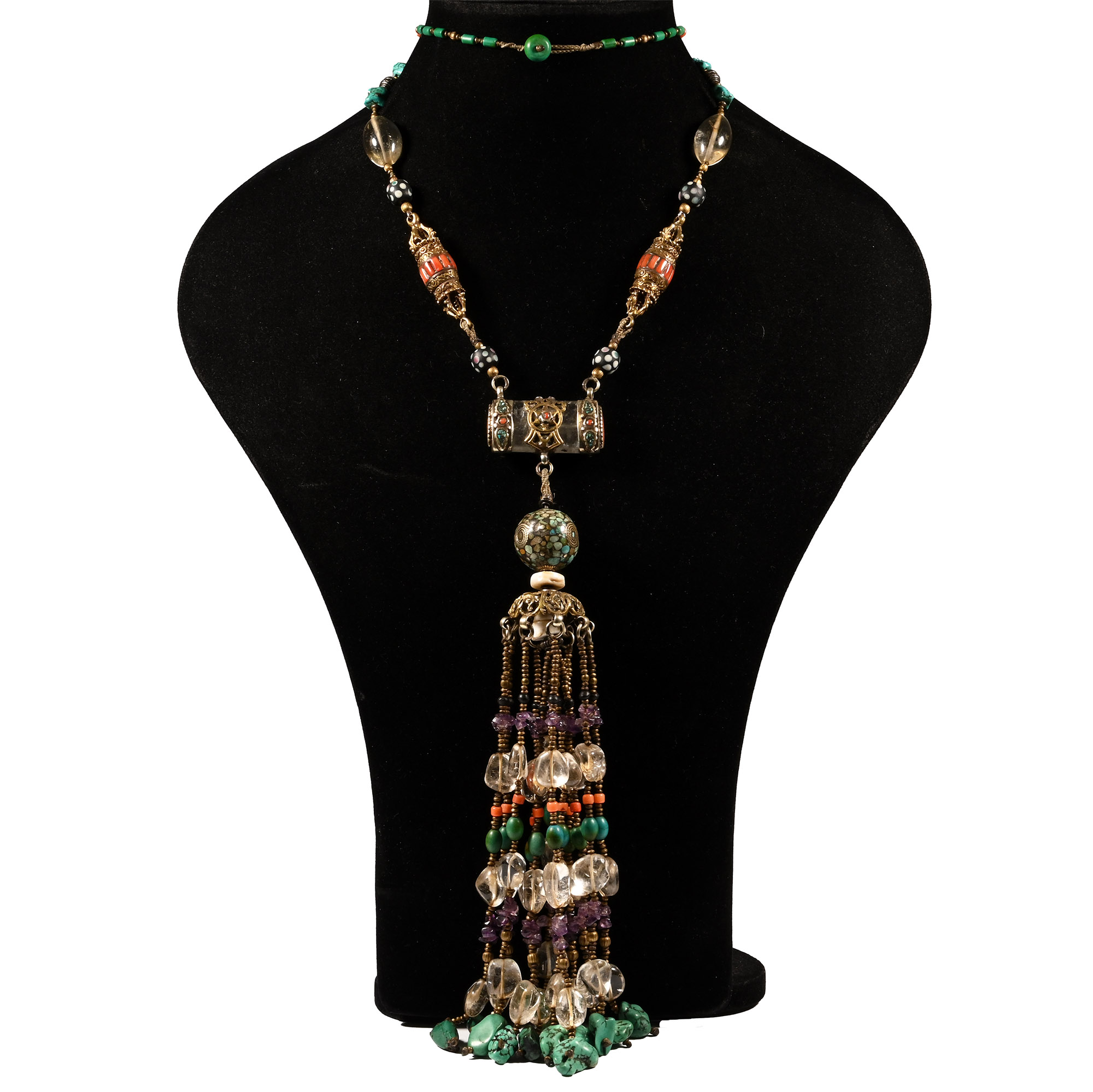 Tibetan Style Mixed Bead Necklace with Elaborate Pendant Drops