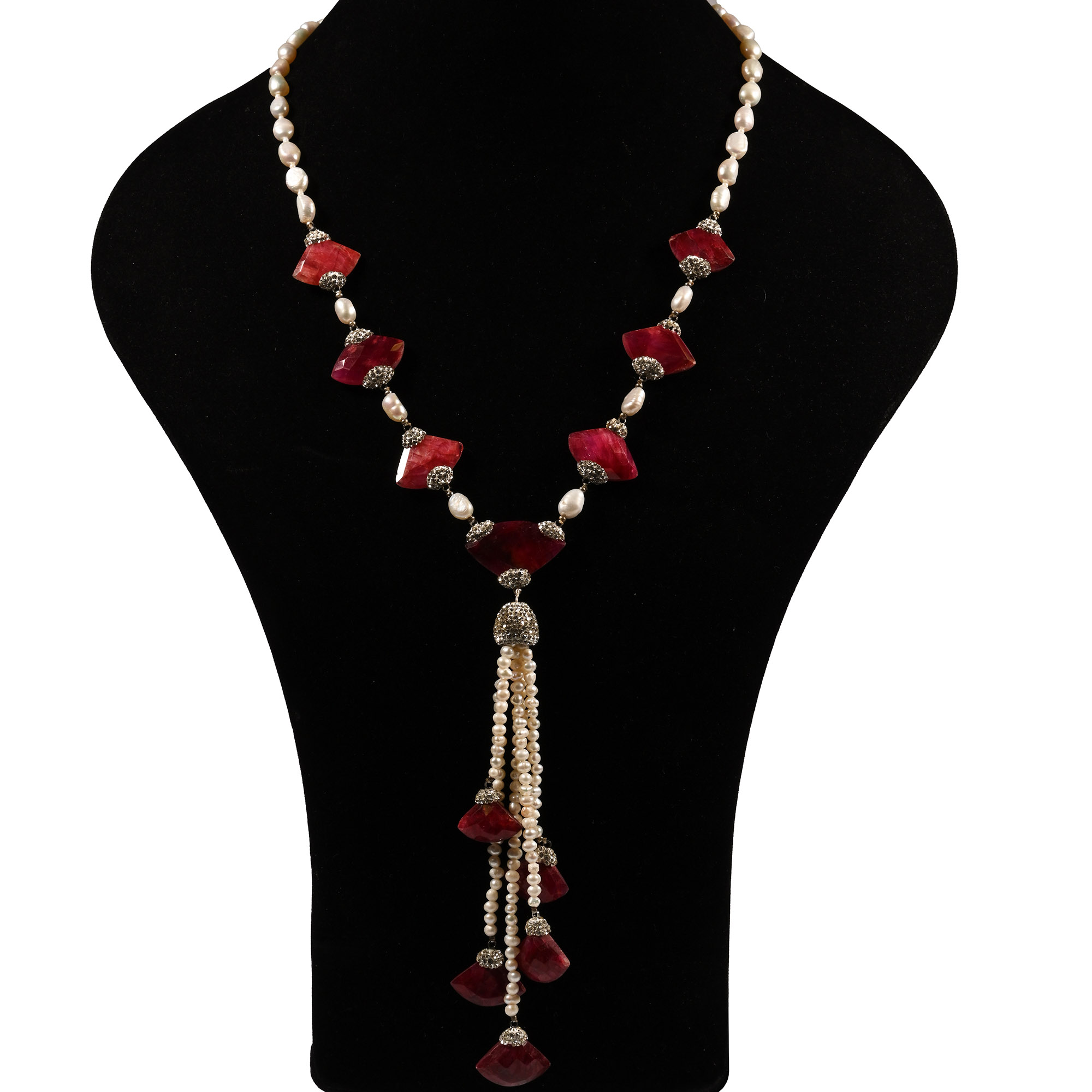 Ruby-Coloured Stone and Pearl Bead Necklace