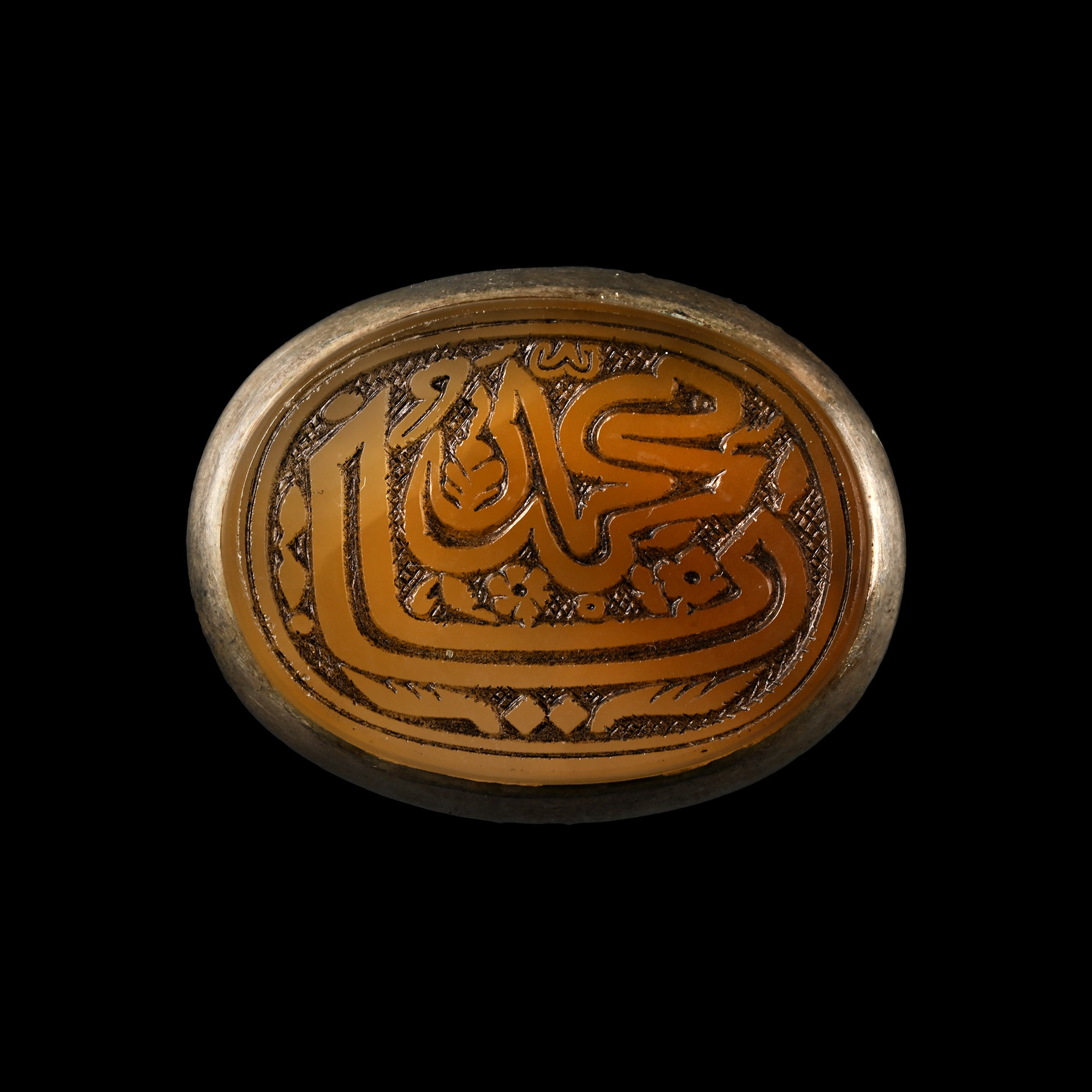 Large Western Asiatic Silver-Coloured Metal Ring with Calligraphic Gemstone