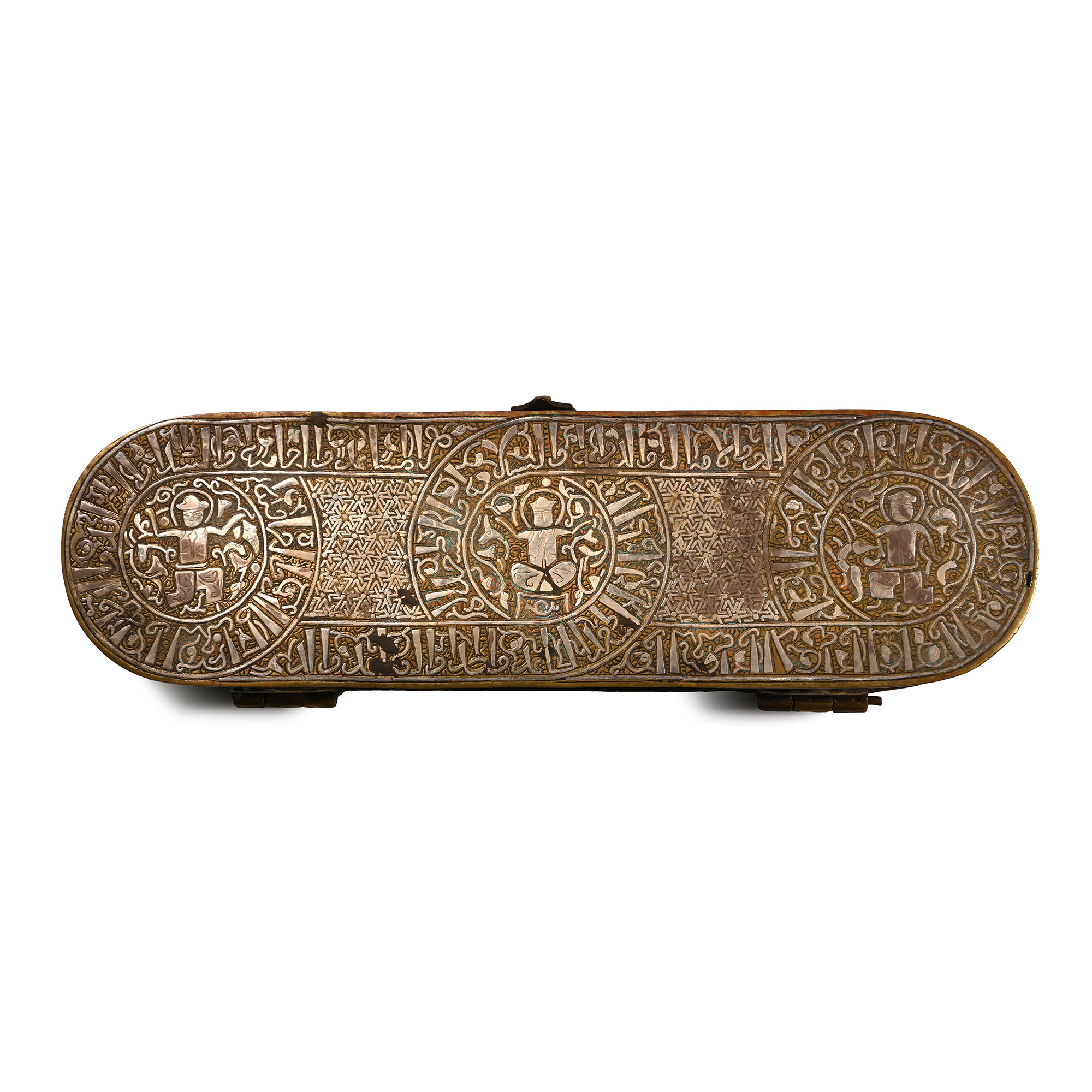 Large Western Asiatic Style Silver Inlaid Bronze Calligraphic Brush or Pen Box