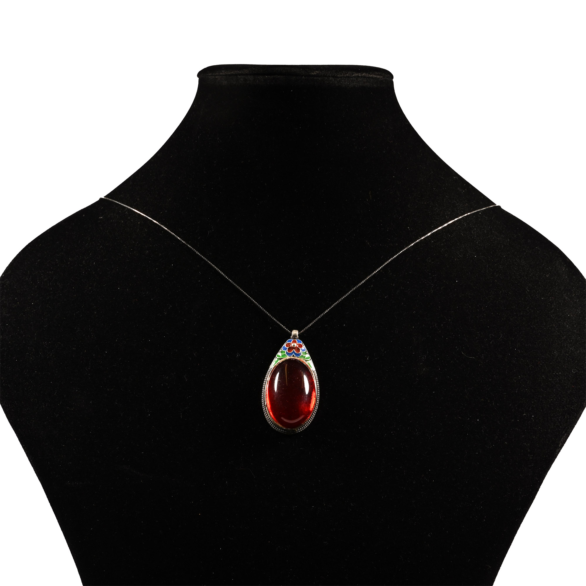 Chinese Style Enamelled Silver-Coloured Metal Pendant Necklace