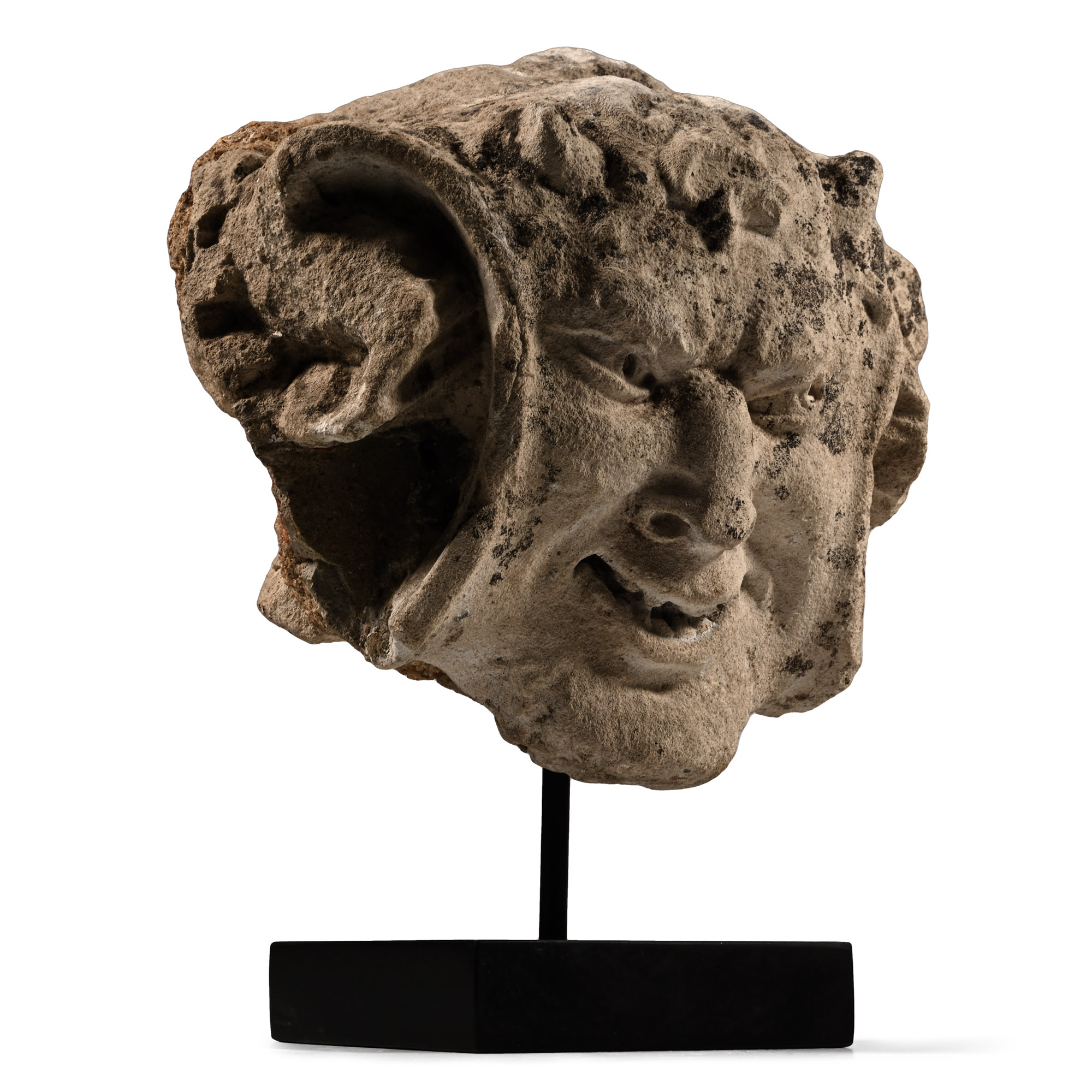 Medieval Limestone Gargoyle of a Smiling Horned Devil