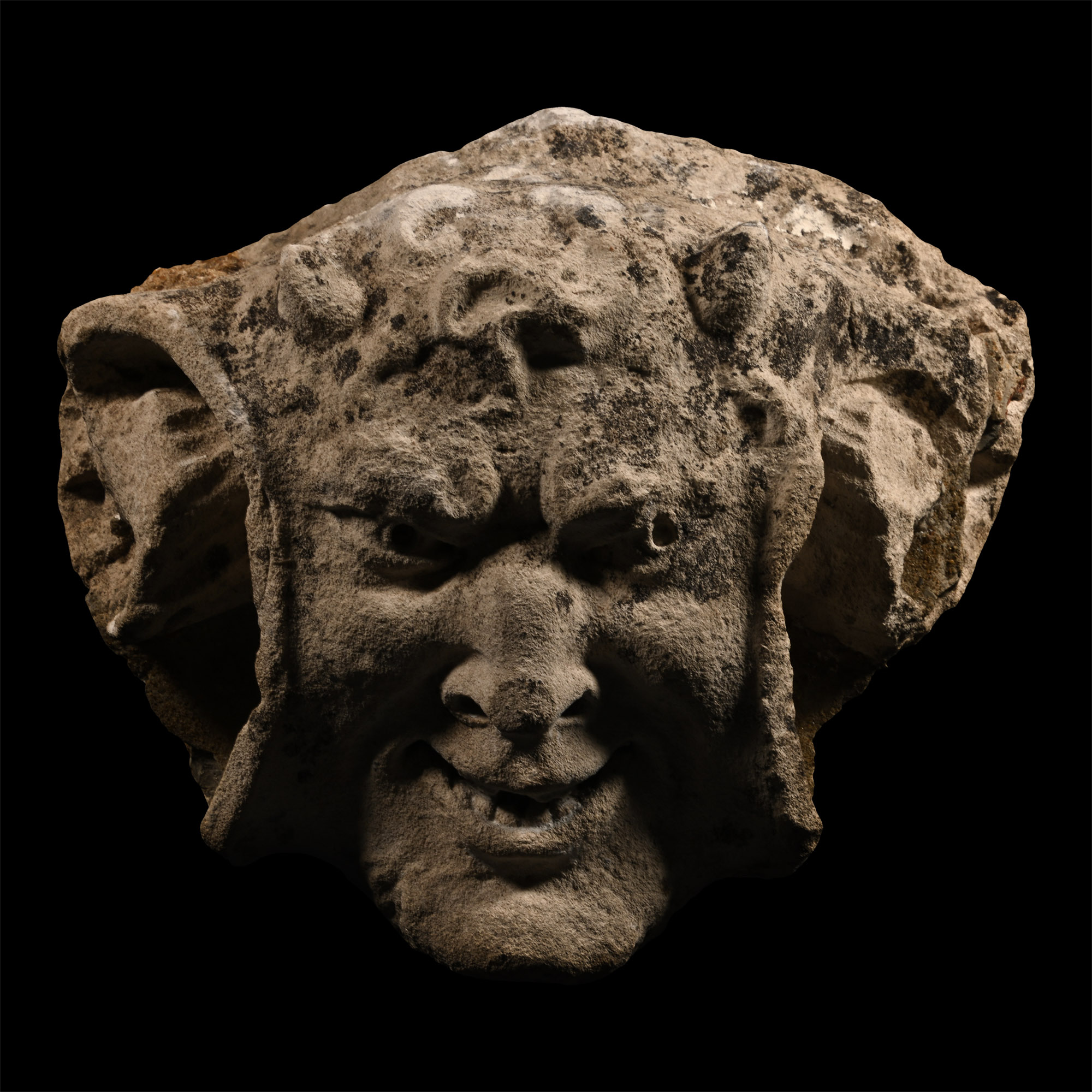 Medieval Limestone Gargoyle of a Smiling Horned Devil