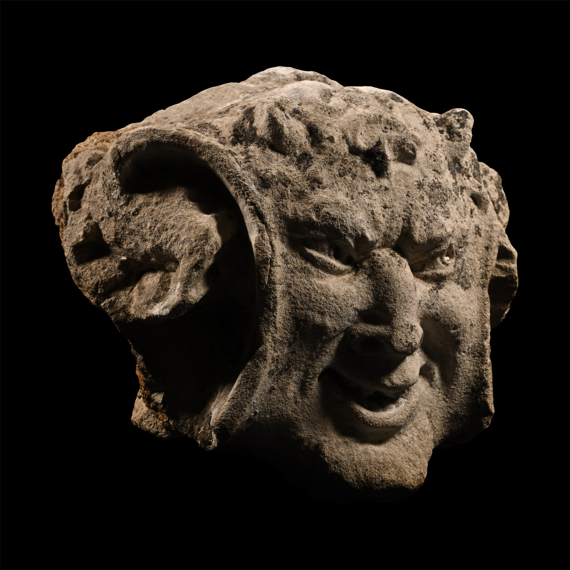Medieval Limestone Gargoyle of a Smiling Horned Devil
